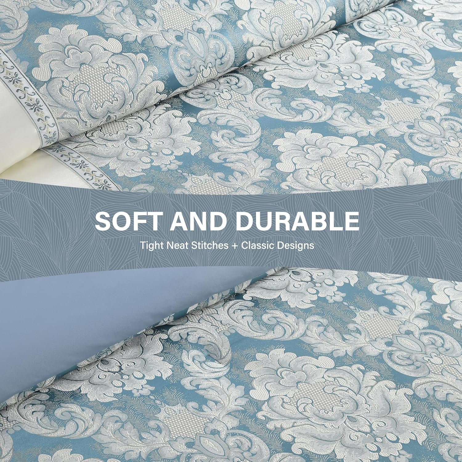 SahSahCasa 7-Piece Luxury Queen Comforter Set, Bed in a Bag Queen, Jacquard Silky Fluffy Comforter Bedding Set with Bedskirt, Decorative Pillows, Elegant Reversible, Down-Alternative, Dusty Blue
