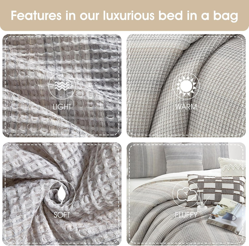 Grand Avenue Grey Waffle Jacquard Comforter Set Queen Size, 7 Piece Striped Bedding Set, All Season Home Decor, Matching Pillow Shams, Bedskirt, Decorative Pillows