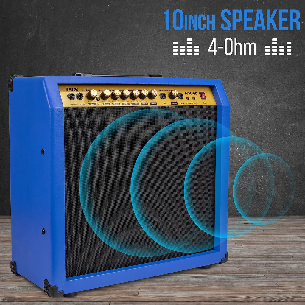 LyxPro 60 Watt Electric Guitar Amplifier | Combo Solid State Studio & Stage Amp with 10' 4-Ohm Speaker, Custom EQ Controls, Drive, Delay, ¼' Passive/Active/Mic Inputs, Aux in & Headphone Jack - Blue