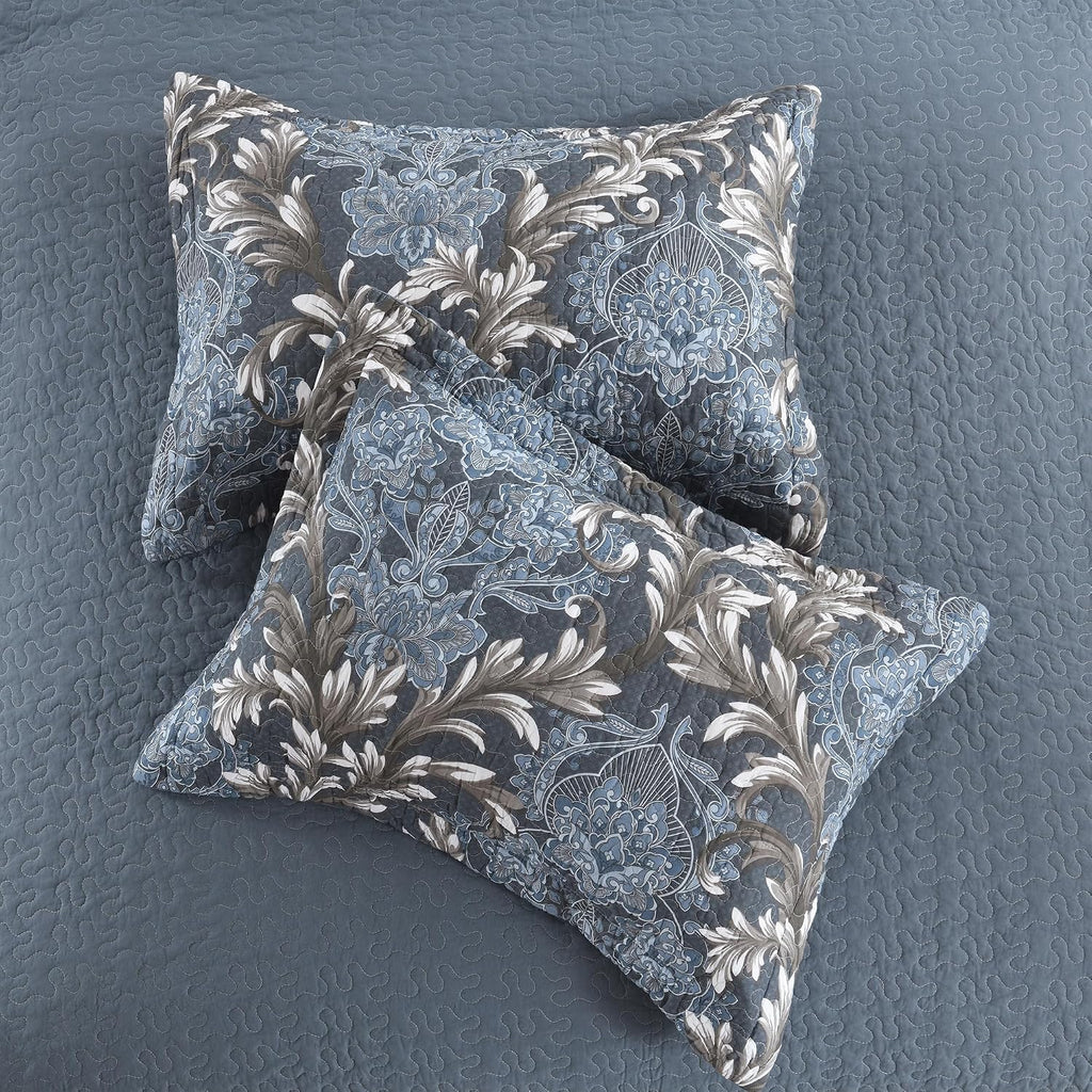 King Size Quilt Set - Blue Gray and White Quilt Set King, 100% Cotton Floral Bedspread Set 3 Piece, Traditional Elegant Lightweight Comforter, Reversible Quilt Bedding Set for All Season