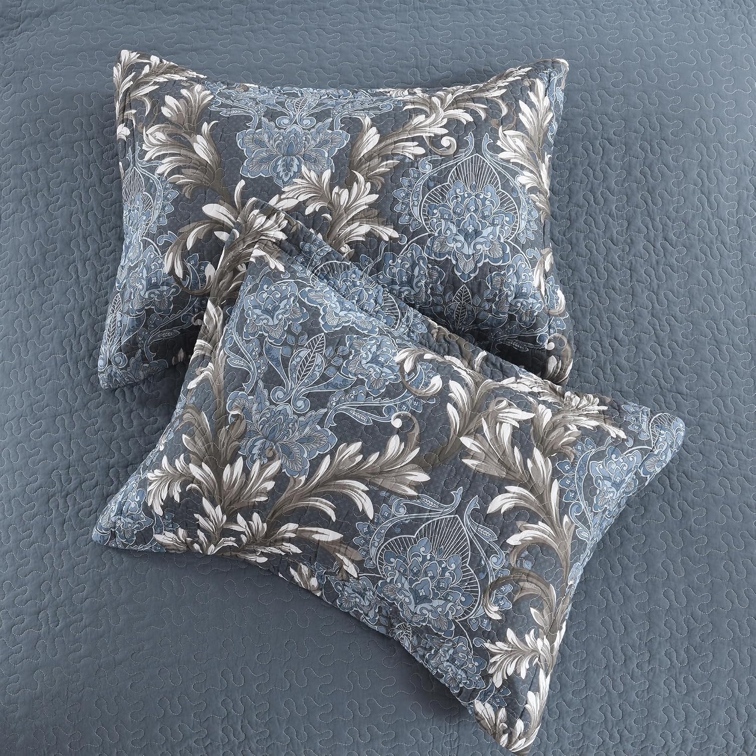 King Size Quilt Set - Blue Gray and White Quilt Set King, 100% Cotton Floral Bedspread Set 3 Piece, Traditional Elegant Lightweight Comforter, Reversible Quilt Bedding Set for All Season