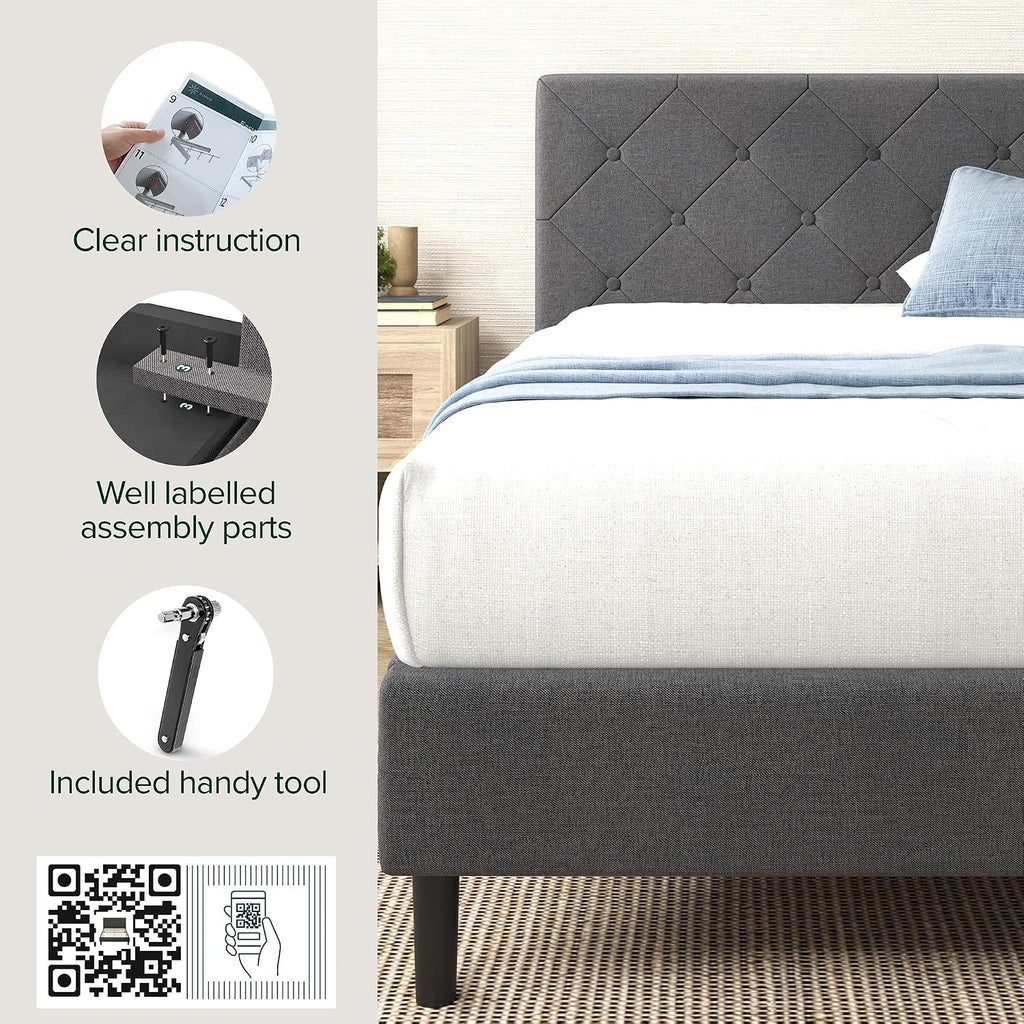 Zinus Full Shalini Upholstered Platform Bed Frame with Headboard [New WonderBox(TM) Version], Wooden Slat Support, No Box Spring Needed, Easy Assembly, Eco Friendly Packaging, Dark Grey