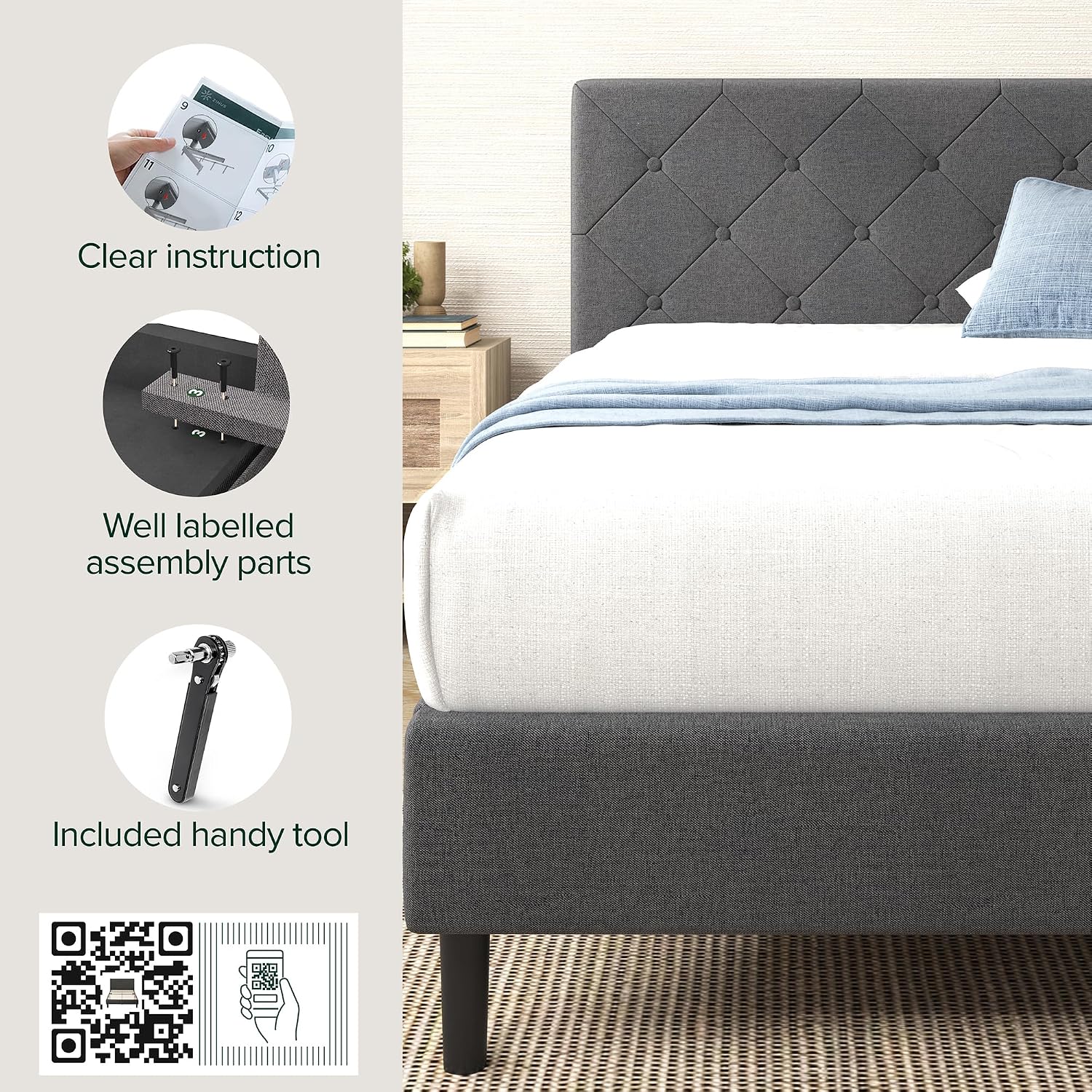 Zinus Full Shalini Upholstered Platform Bed Frame with Headboard [New WonderBox(TM) Version], Wooden Slat Support, No Box Spring Needed, Easy Assembly, Eco Friendly Packaging, Dark Grey