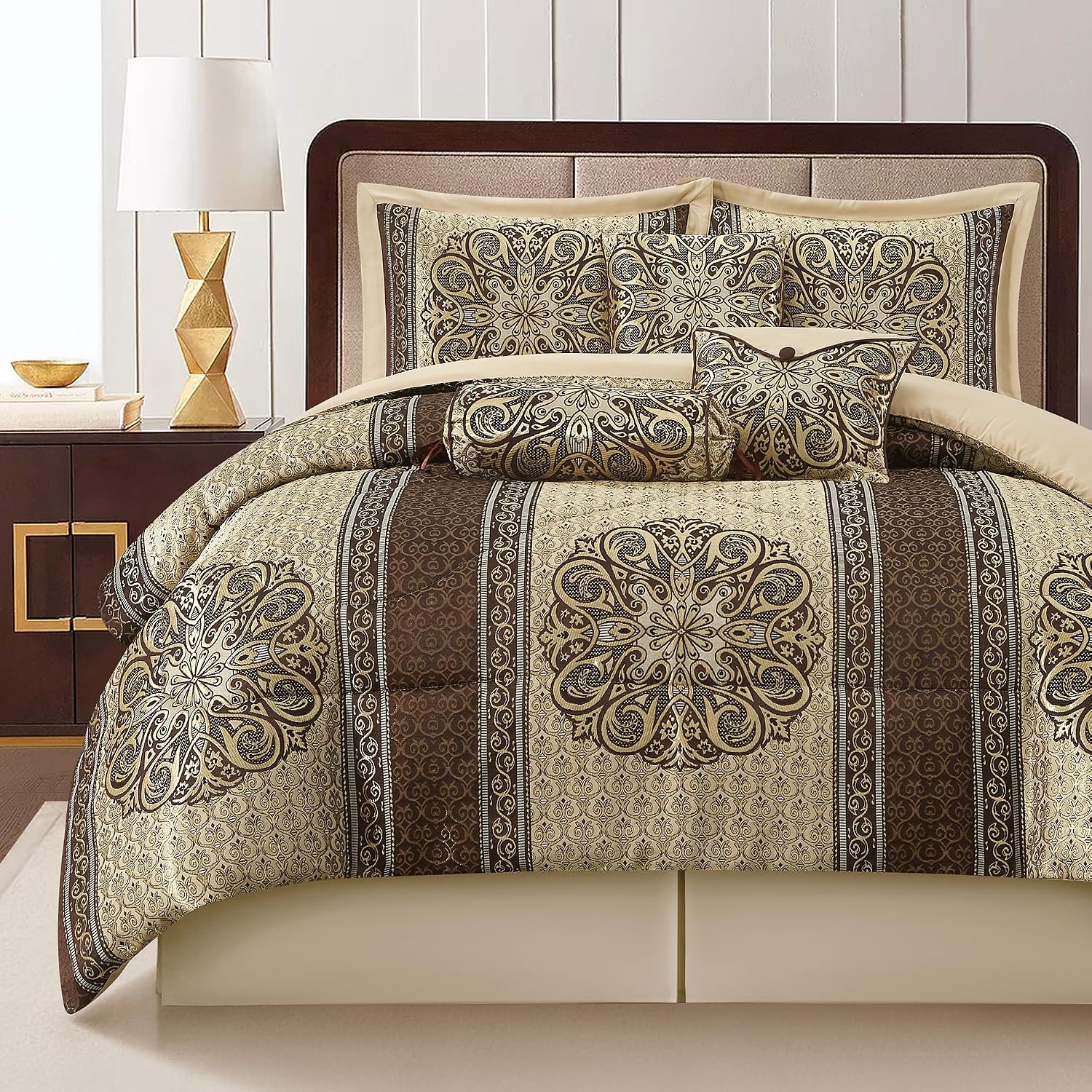 LANCO MODERN LIFESTYLE California King Comforter Set, Brown Medallion Jacquard Design, Luxurious Bohemian 7 Pieces Bedding Set with Decorative Pillows and Bed Skirt