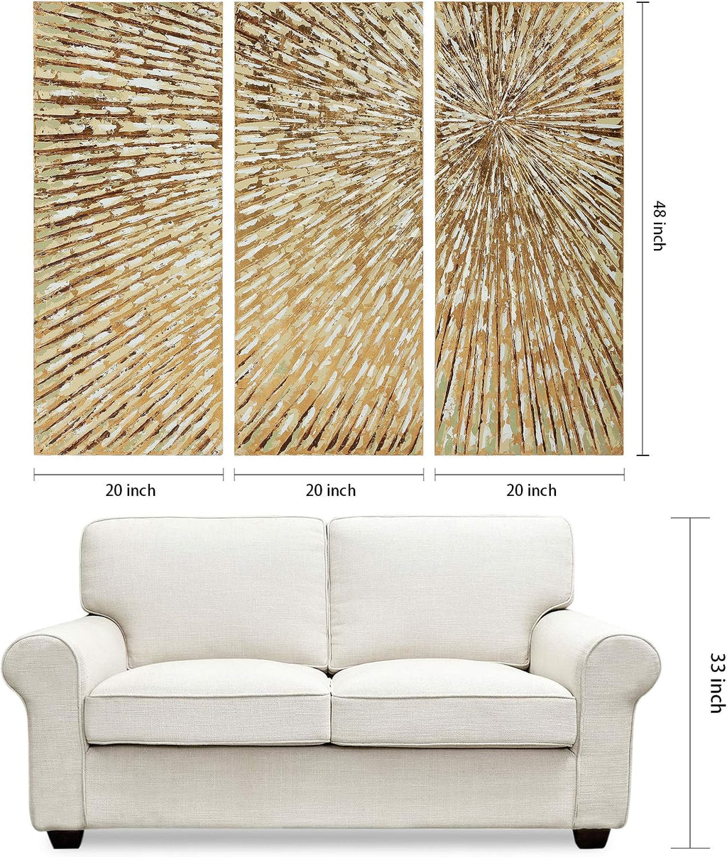 Empire Art Direct Gold Wall Art Textured Hand Painted Canvas by Martin Edwards, Triptych, 48' x 20' each, Sunshine