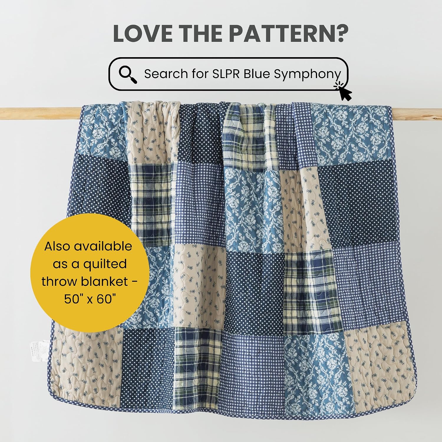 SLPR Blue Symphony Cotton Pieced Quilt Set - King with 2 Shams, Farmhouse Patchwork Quilted Bedspread with Check and Plaid Pattern, Lightweight and Cozy Country Checkered Bedding