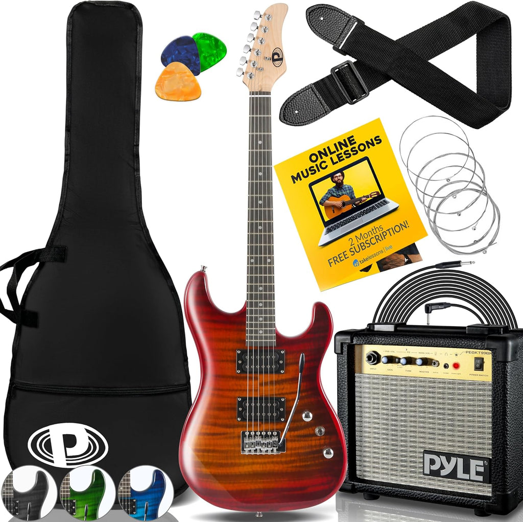 Pyle Electric Guitar Kit with Amp, Full Size Instrument with Humbucker Pickups, Guitarra Electrica Amplifier and Beginner Bundle Accessories, 39' (Legacy Red)