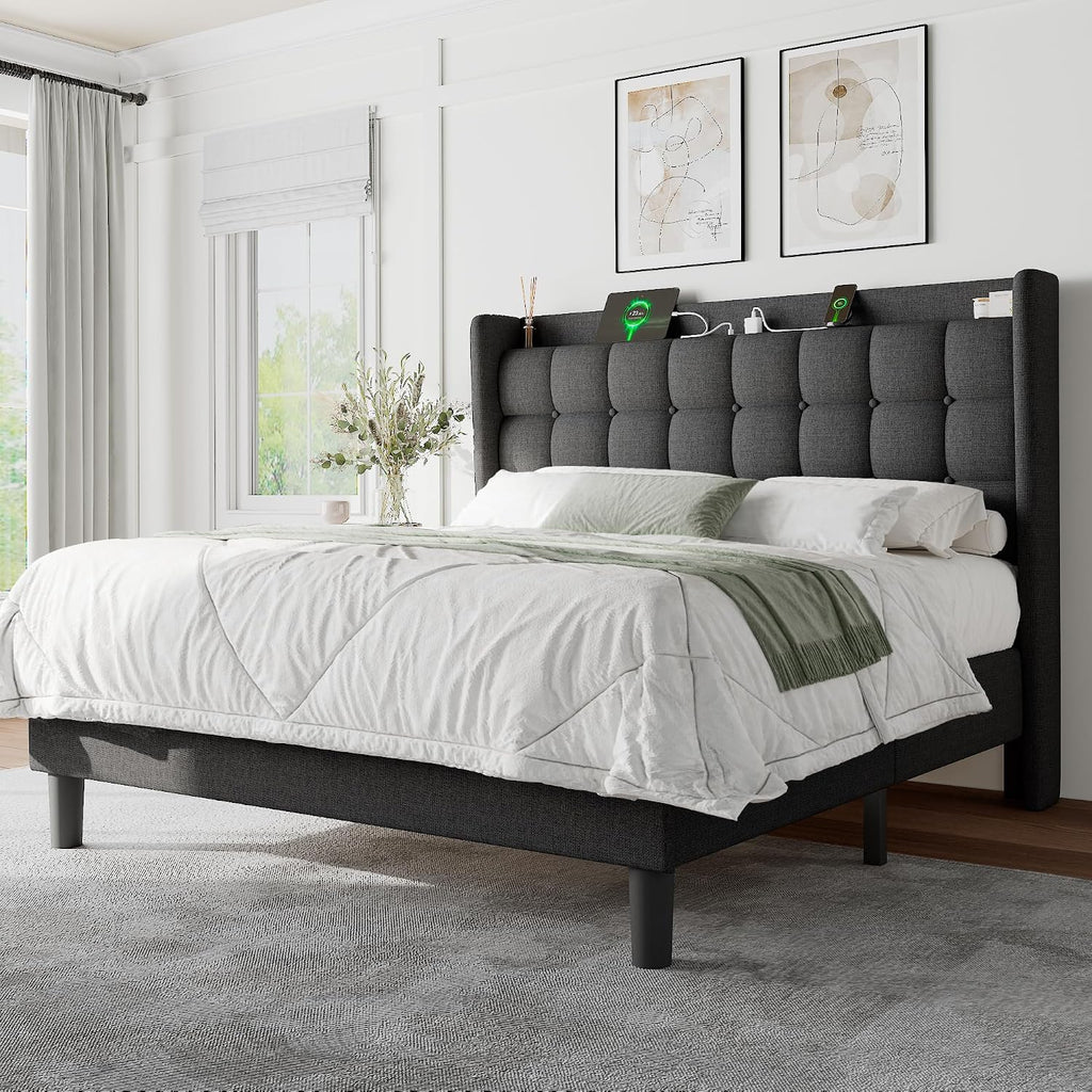 Feonase Full Bed Frame with Charging Station, Upholstered Platform Bed Frame with Wingback Storage Headboard, No Box Spring Needed, Easy Assembly, Dark Gray