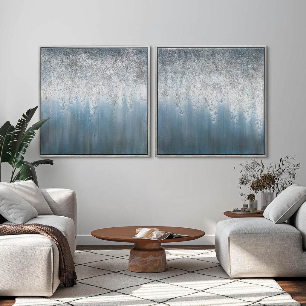Empire Art Direct Abstract Wall Art Textured Hand Painted Canvas by Martin Edwards, Diptych, 36' x 36' each, Blue Rain