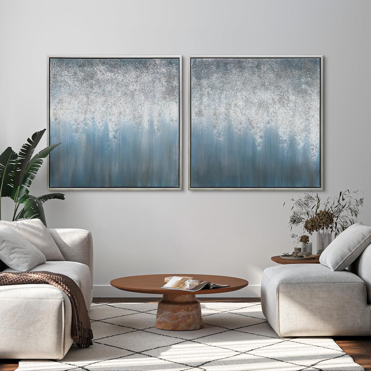 Empire Art Direct Abstract Wall Art Textured Hand Painted Canvas by Martin Edwards, Diptych, 36' x 36' each, Blue Rain