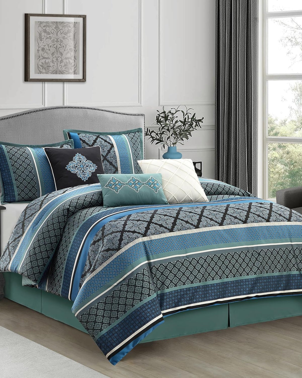 LANCO MODERN LIFESTYLE California King Comforter Set, Blue, Luxury Geometric Jacquard, All Seasons, 7 Pieces Bedding Set, Matching Shams, Bedskirt, Decorative Pillows