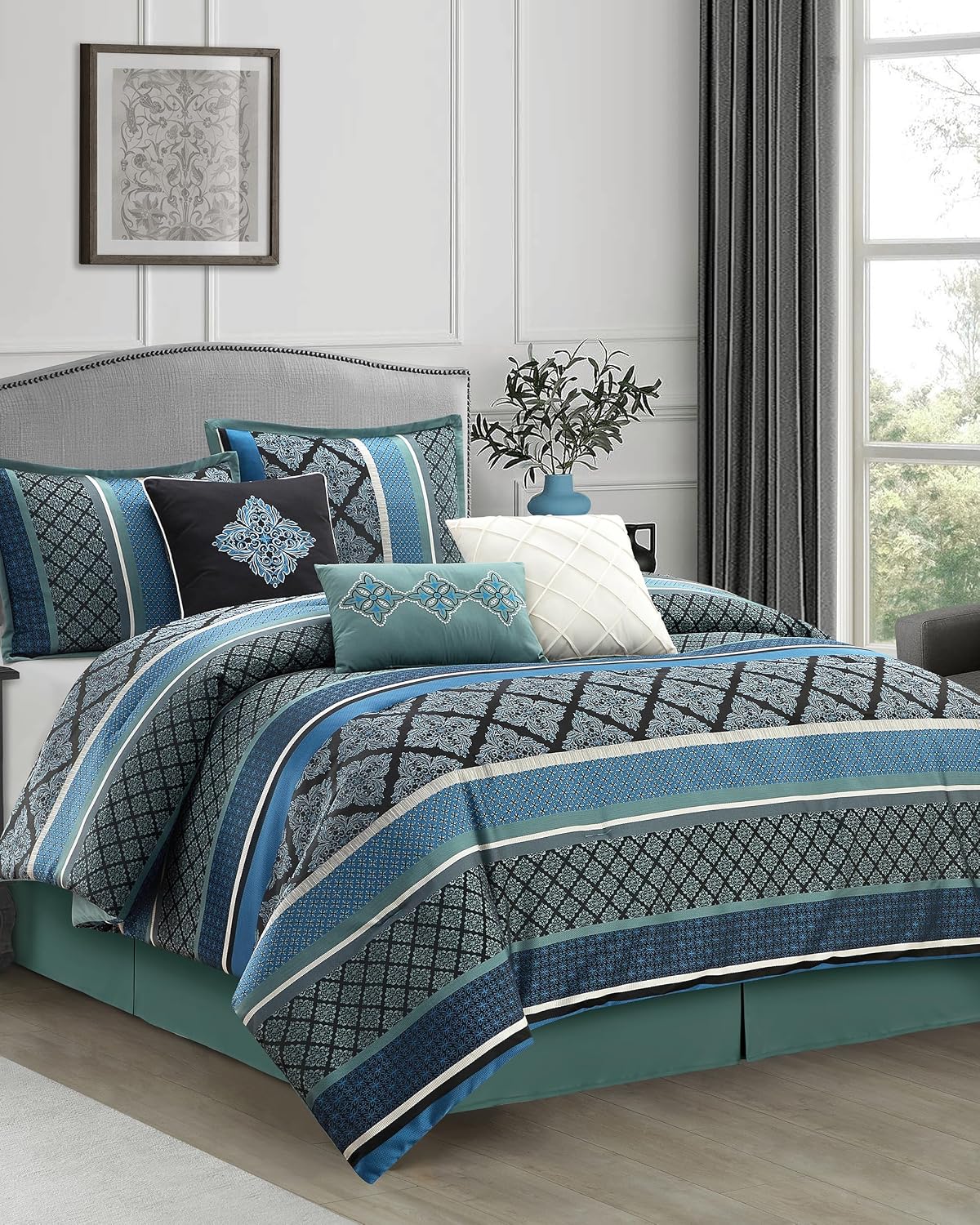 LANCO MODERN LIFESTYLE California King Comforter Set, Blue, Luxury Geometric Jacquard, All Seasons, 7 Pieces Bedding Set, Matching Shams, Bedskirt, Decorative Pillows