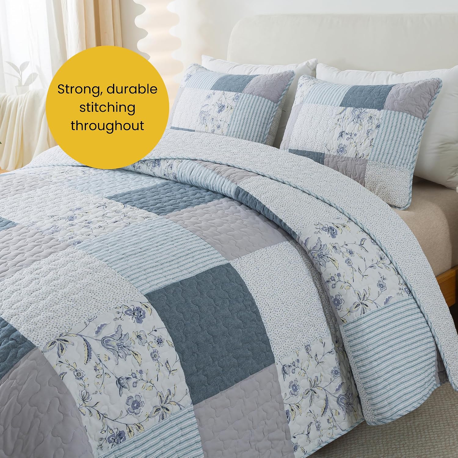 SLPR Coastal Dream Cotton Pieced Quilt Set - King Size with 2 Shams, Soft Purple & Blue Patchwork Quilted Bedspread, Farmhouse Country Style Bedding for All Seasons