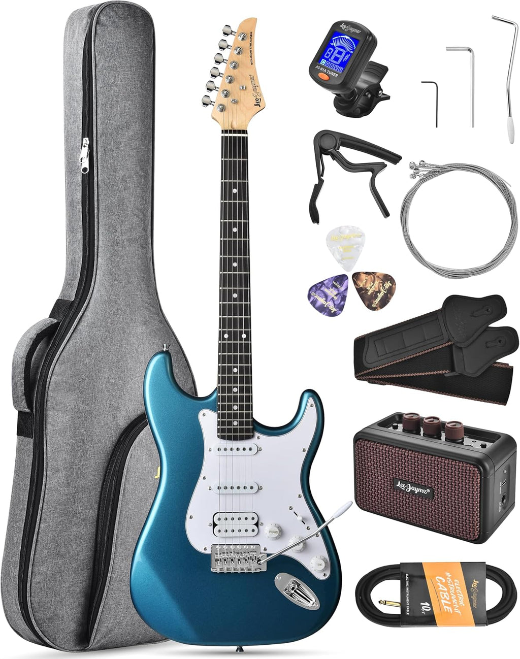 Leo Jaymz Beginner Electric Guitar 39' Kit with Portable Amplifier, Padded Gig Bag, Digital Tuner，Capo，Strap，Picks，HSS Pickups(Blue-HSS)