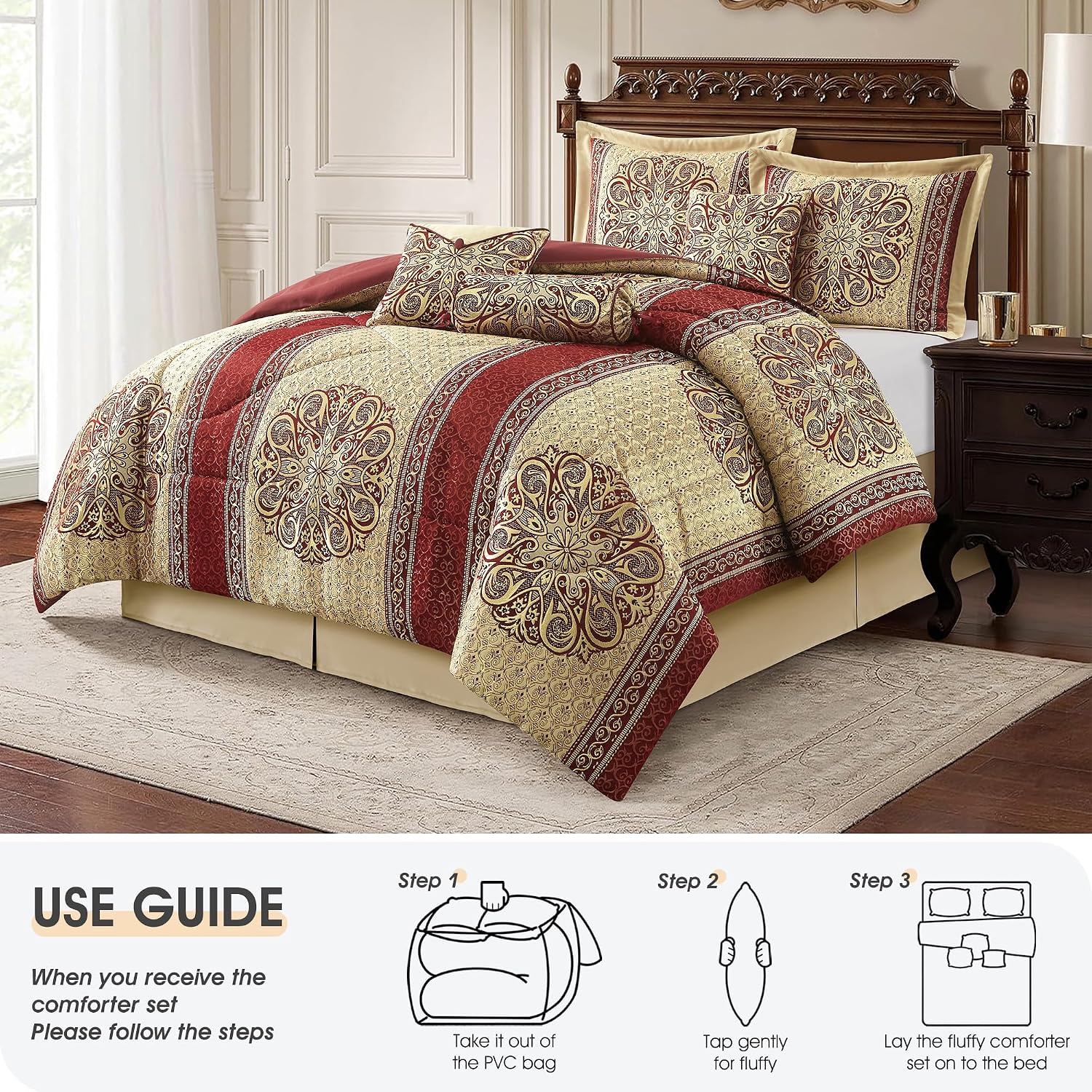 LANCO MODERN LIFESTYLE Queen Comforter Set, Wine Gold Medallion Jacquard Design, Luxurious Bohemian 7 Pieces Bedding Set with Decorative Pillows and Bed Skirt