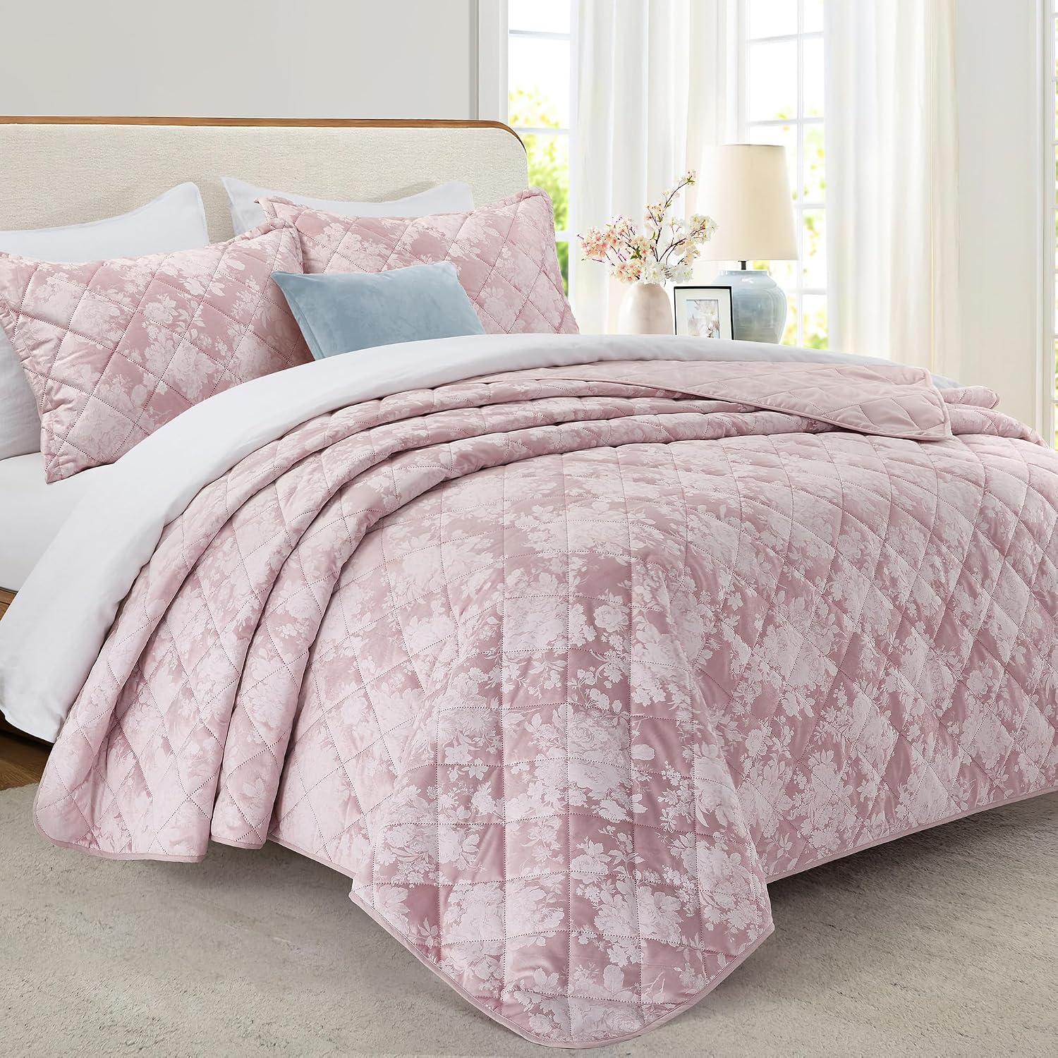 IR Imperial Rooms Velvet King Quilt Size Comforter Bedding Set 3 Pcs - (106'x96') Bedspread Coverlet + 2 Pillow Shams All-Season Quilt Lightweight Diamond Pattern (Baby Pink)