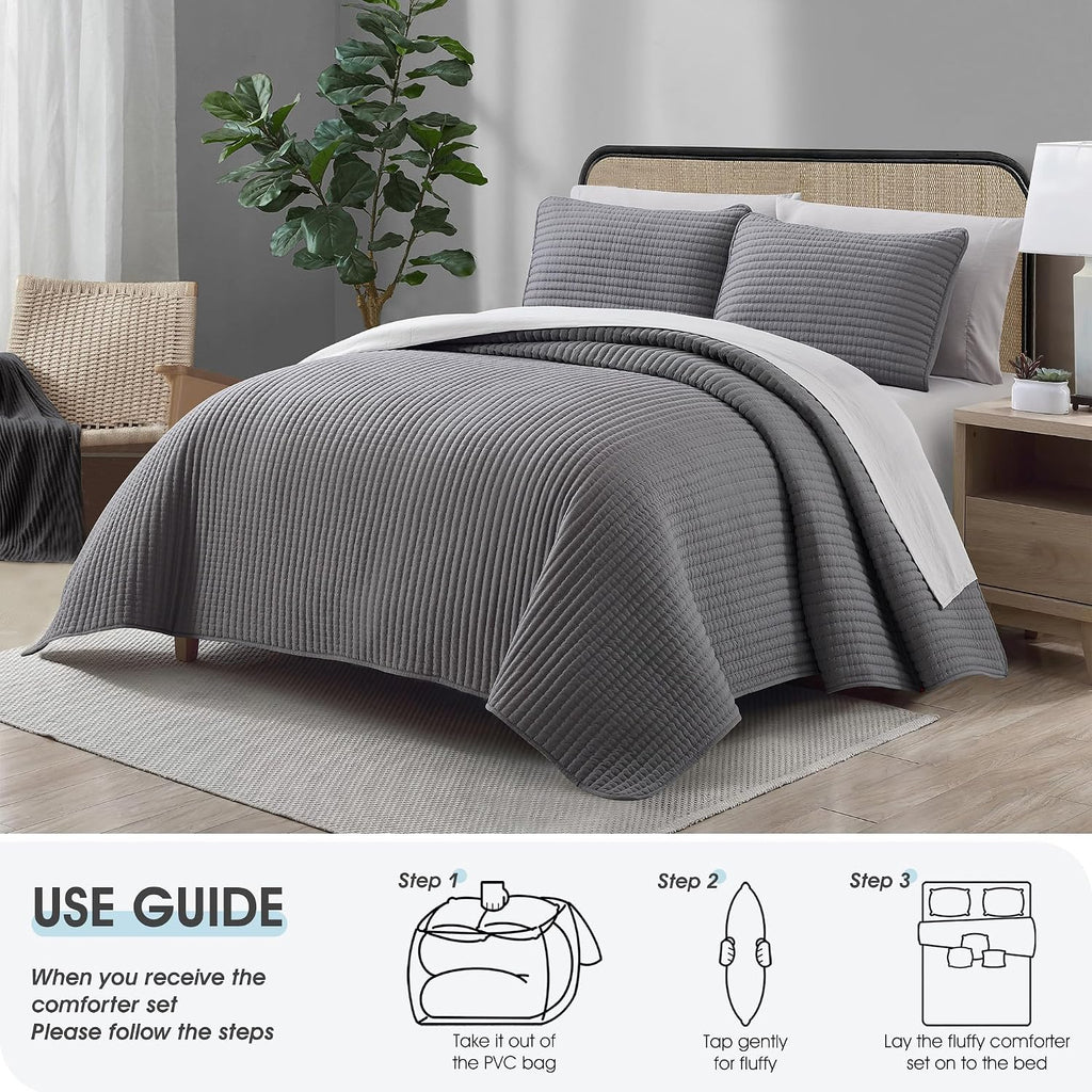 LANCO MODERN LIFESTYLE 7 Piece King Quilt Set, Grey, Microfiber Solid Striped Bedding Set, Soft and Luxury Bed in a Bag, Includes Quilt, Pillow Shams, Flat Sheet, Fitted Sheet, and Pillowcases