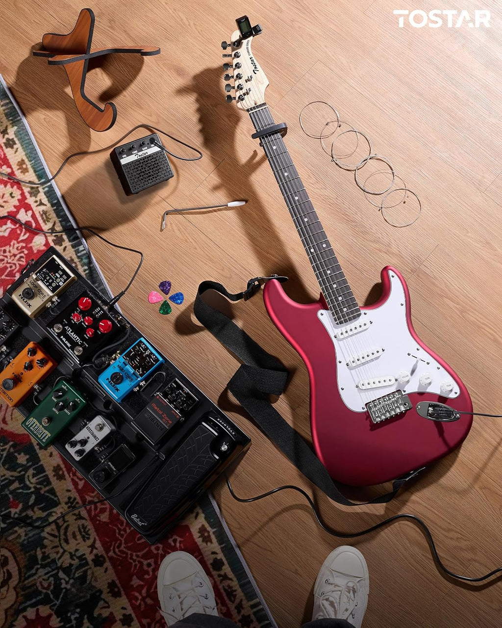 Tostar 39' Full Size Electric Guitar Kit For Beginners and Adults, SSS Pickup Guitarra Electrica Set Includes Tremolo Bridge, Lightweight Matte Finish, Amp, Strings, Gig Bag, Birthday Gifts, Red