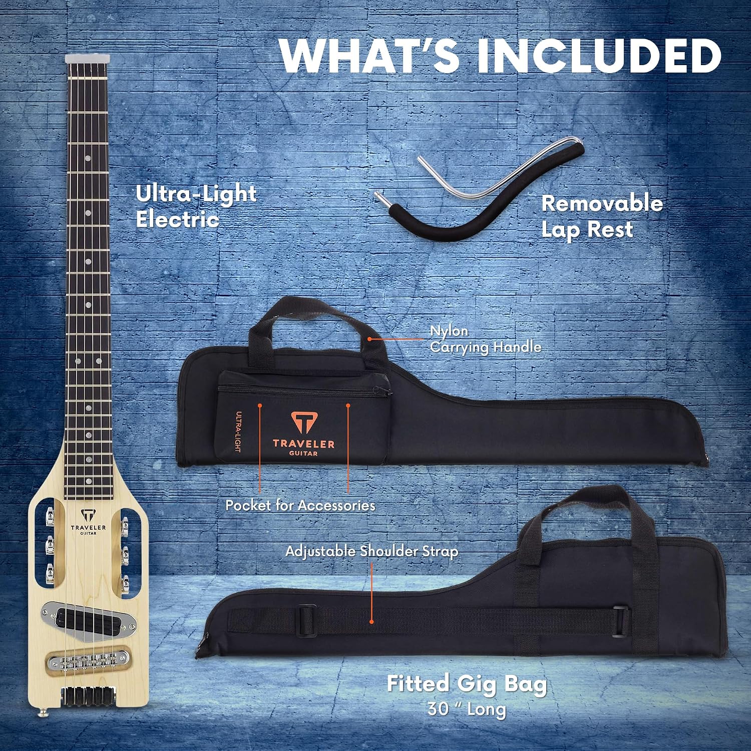 Traveler Guitar Ultra-Light Electric Guitar Maple | Portable Electric with Removable Lap Rest | Full 24 3/4' Scale Headless Guitar | Custom Gig Bag Included