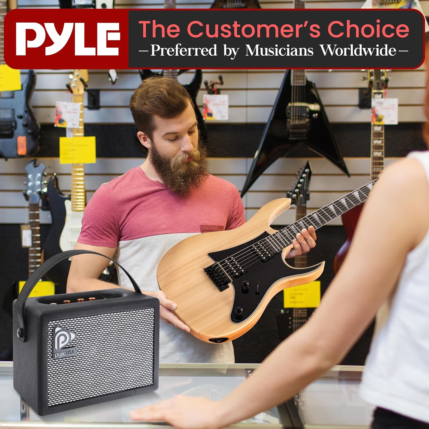 Pyle Prog Rock EG Series Electric Guitar with Amp Kit, 39' Full Size with Dual Humbucker Pickups, Low Profile Neck and Solid Paulownia Body, Premium Accessory Kit Included (Prog Rock, Natural)