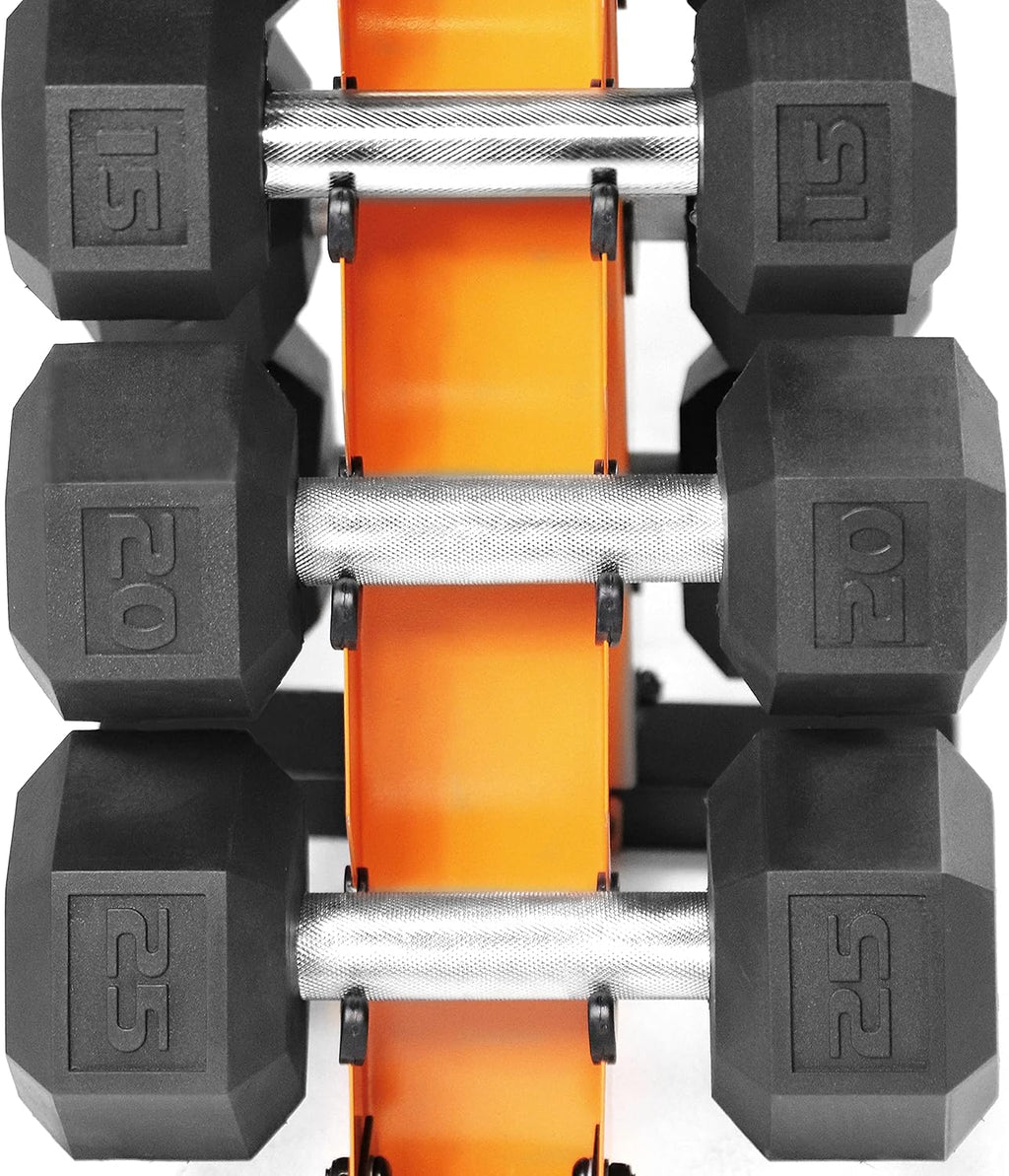 WF Athletic Supply 5-25Lb Rubber Coated Hex Dumbbell Set with A Frame Storage Rack Non-Slip Hex Shape for Muscle Toning, Strength Building & Weight Loss - Multiple Choices Available