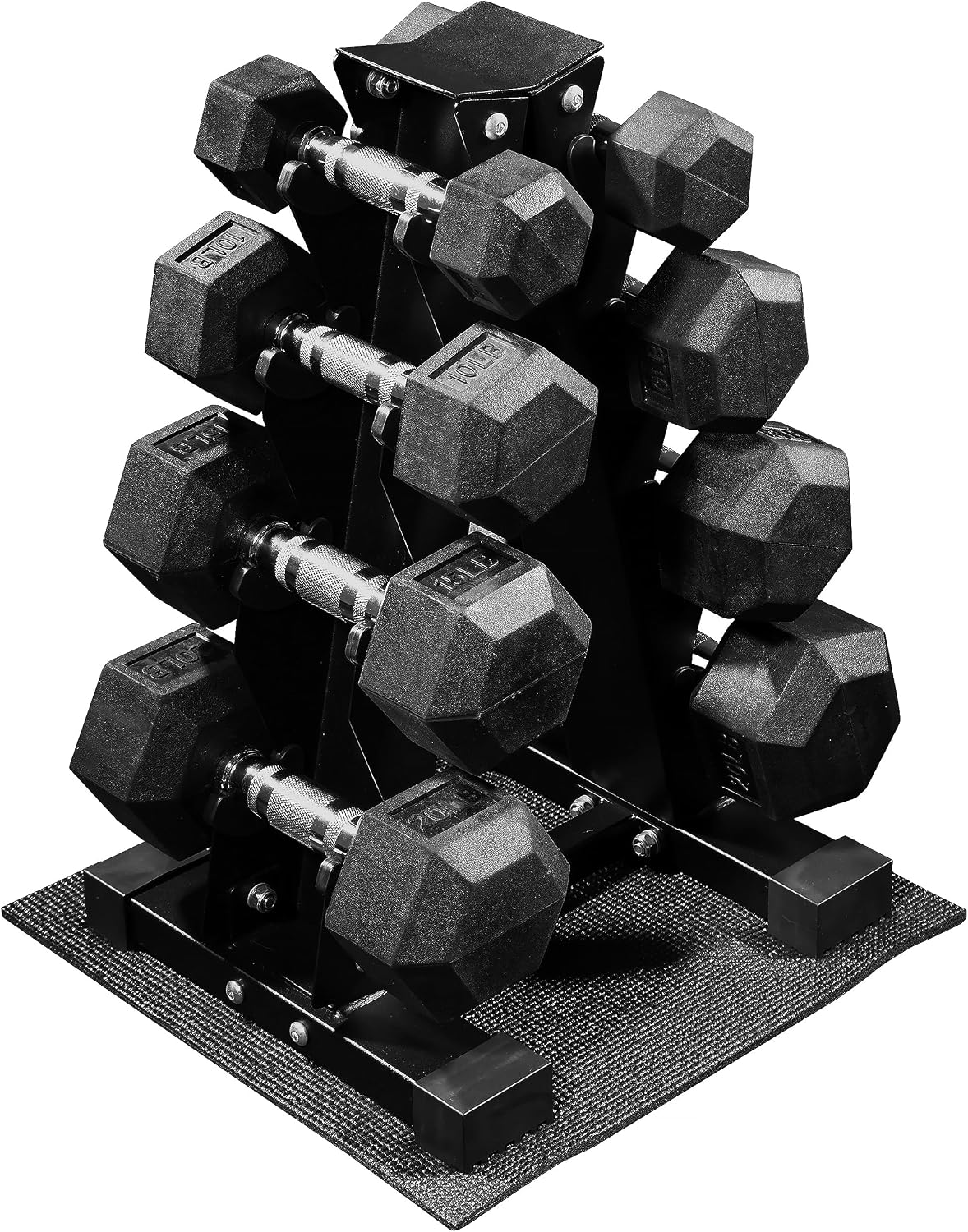 Fitvids 100LB Rubber Coated Hex Dumbbell Weight Set and Storage Rack – 5-20 lbs Pairs – 100LB Set with A-Rack – Black
