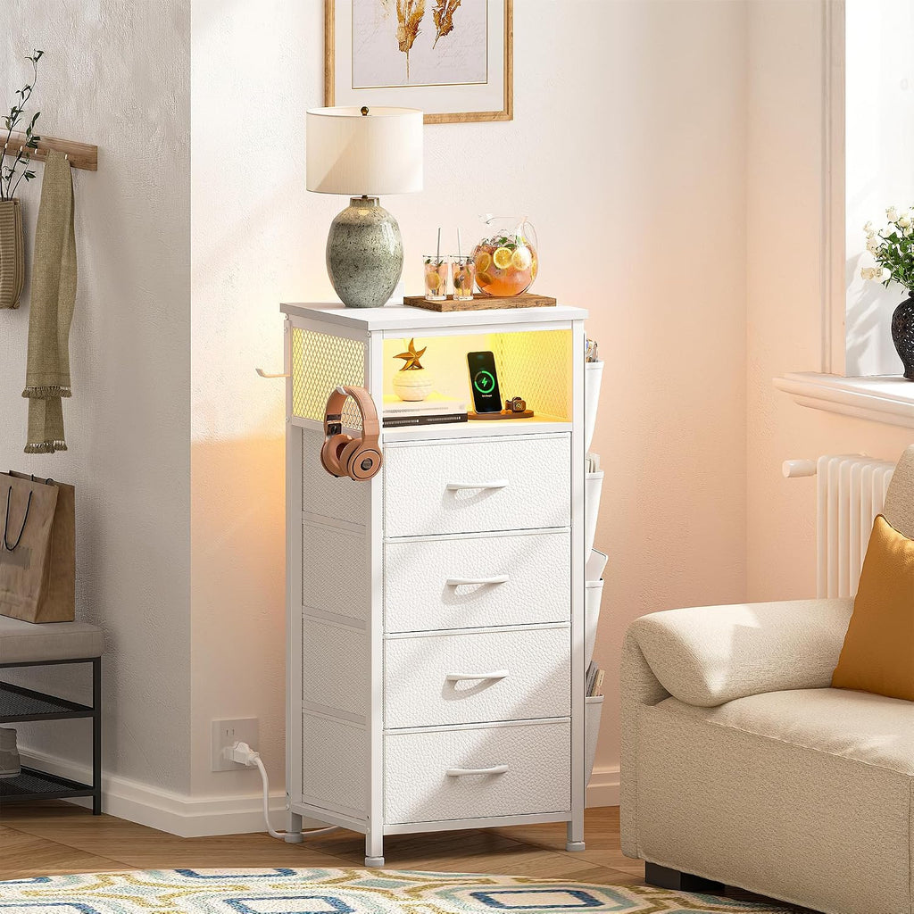 White Nightstand Set of 2,LED Night stand with Charging Station,Fabric Bedside Table for Bedroom, Hallway, Entryway, Living Room, Closet, Sturdy Steel Frame, Wood Top, Cloth Bags, Hooks, White