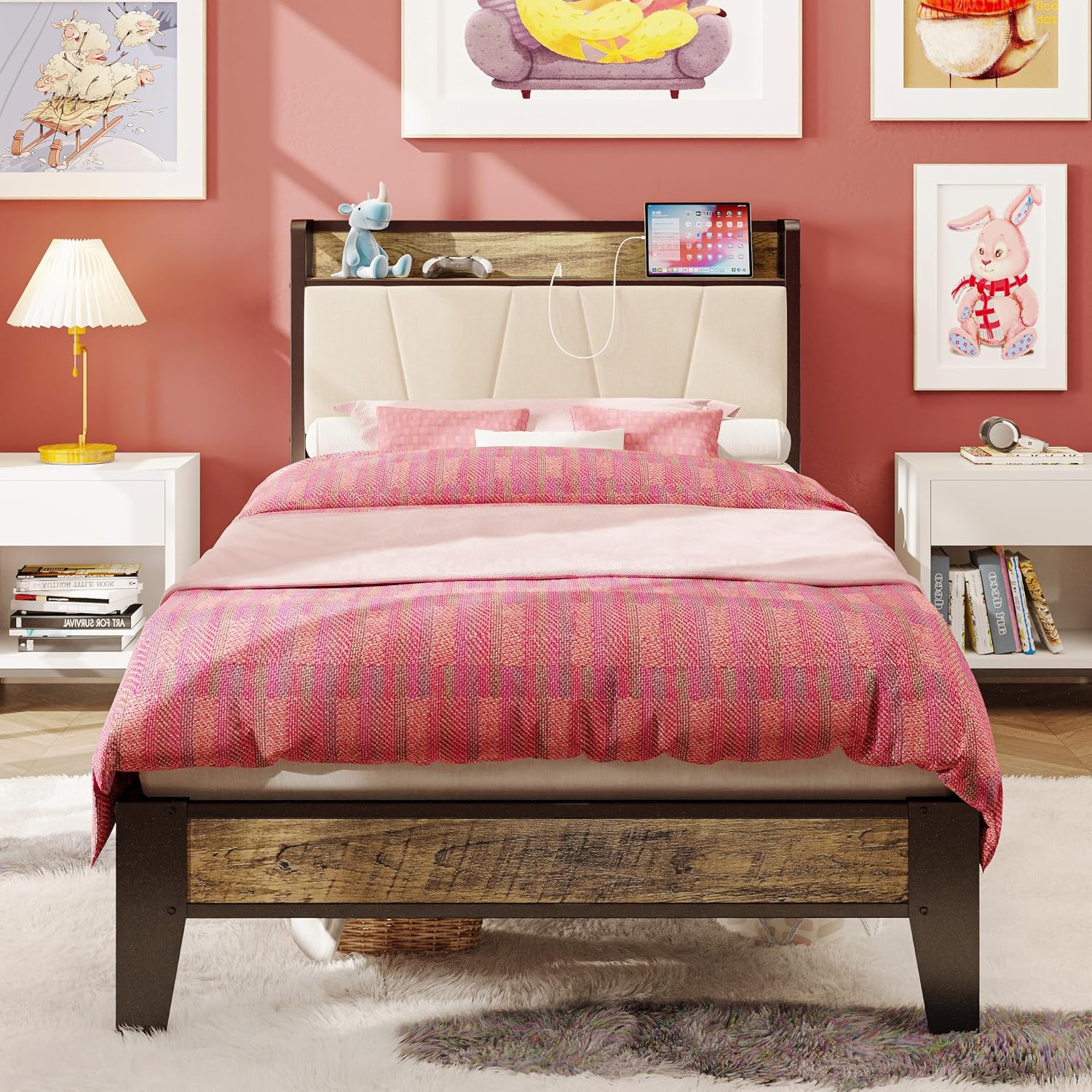 LIKIMIO Twin XL Bed Frames, Storage Headboard with Charging Station, Solid and Stable, Noise Free, No Box Spring Needed, Easy Assembly (Walnut and Beige)