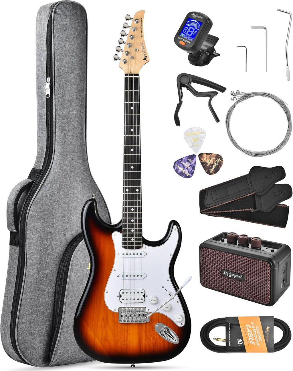 Leo Jaymz Beginner Electric Guitar Complete Kit with Portable Amp, Padded Gig Bag & Full Accessories, Maple Neck HSS Pickups (Sunburst-HSS)