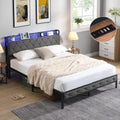 Full Size Bed Frames with Storage Headboard, LED Platform Bed Frame Full Size, Upholstered Bed Frame with Charging Station, No Box Spring Needed, Easy Assembly,Dark Gray