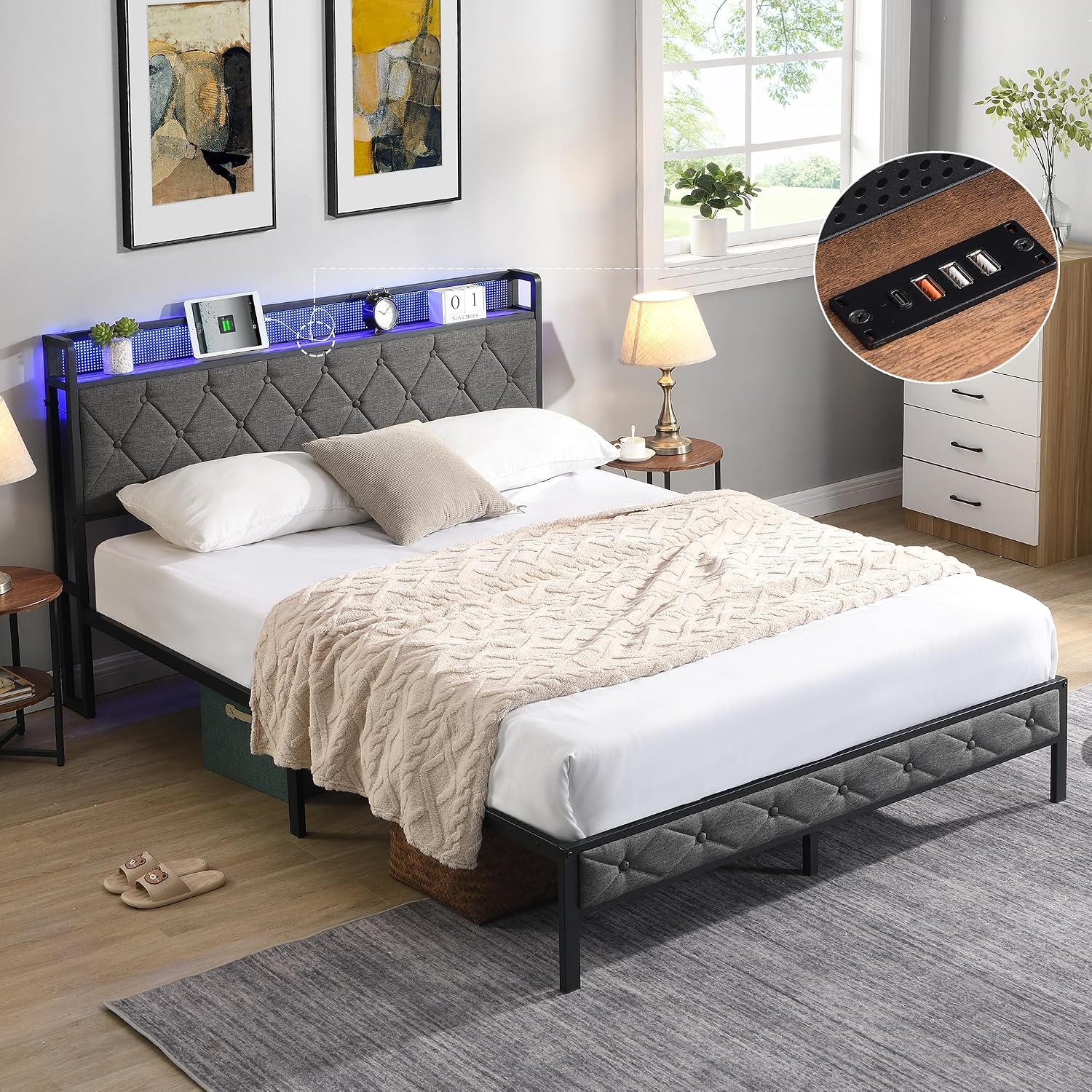 Full Size Bed Frames with Storage Headboard, LED Platform Bed Frame Full Size, Upholstered Bed Frame with Charging Station, No Box Spring Needed, Easy Assembly,Dark Gray