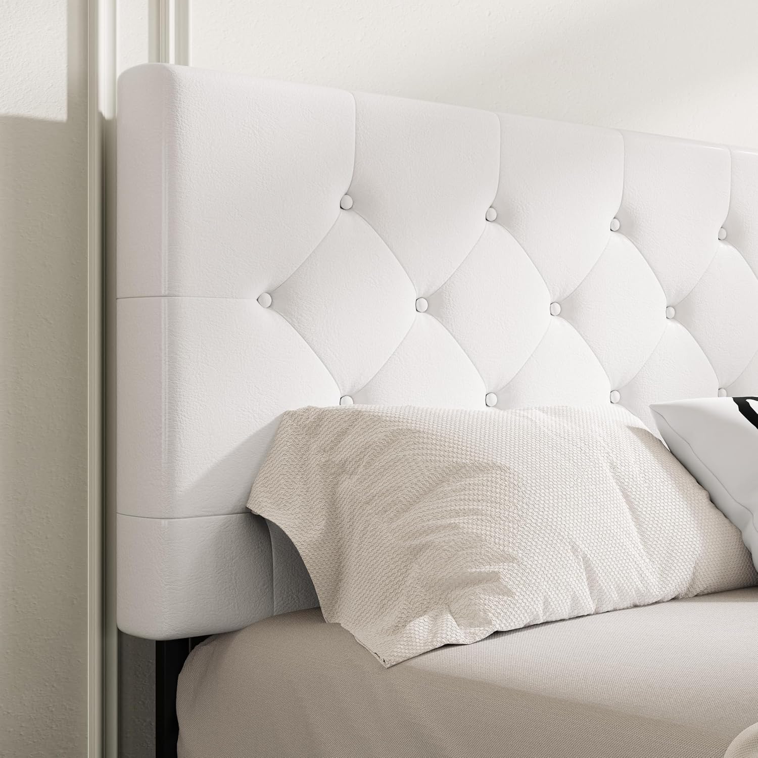 MUTICOR Queen Size Bed Frame with 4 Storage Drawers, Upholstered Platform Bed with Button Tufted Adjustable Headboard, No Box Spring Needed, Easy Assembly, Diamond Tufted, White Leather