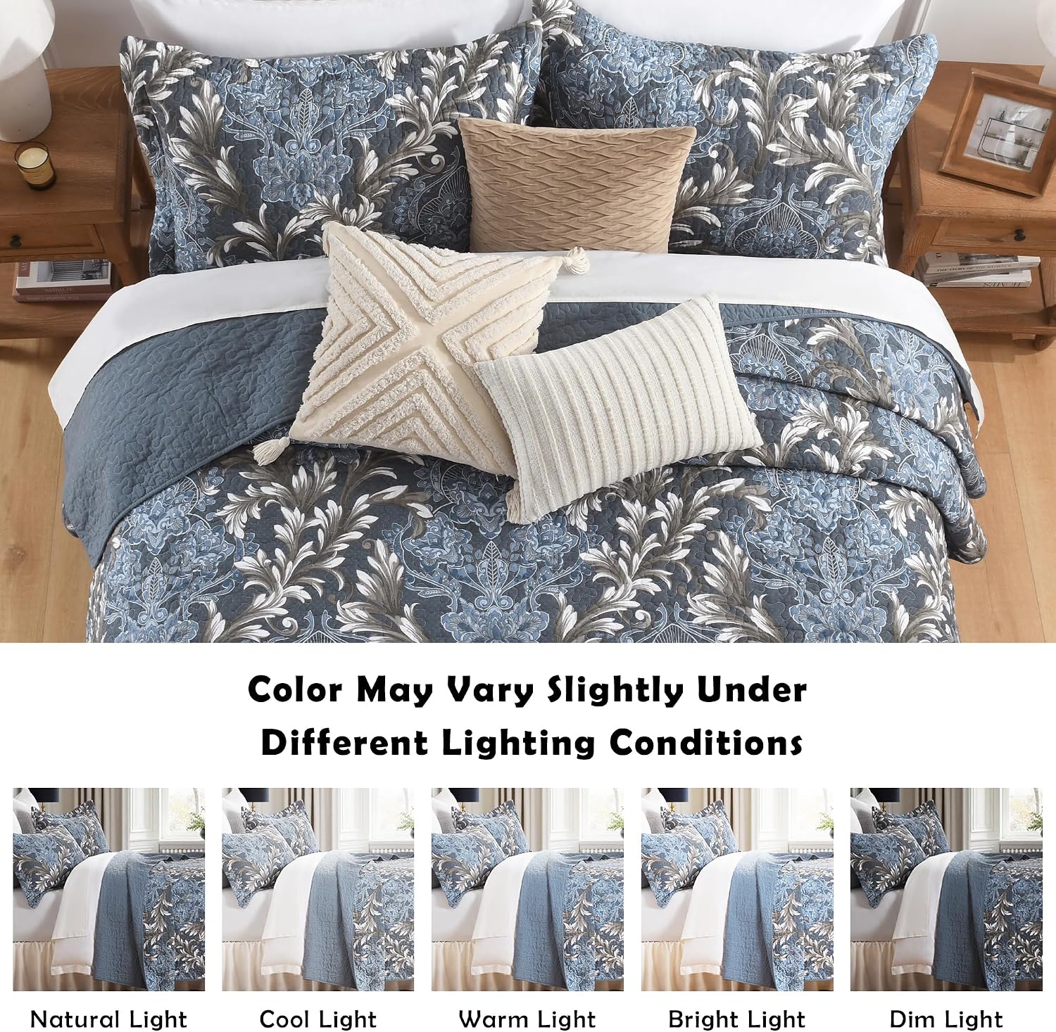 King Size Quilt Set - Blue Gray and White Quilt Set King, 100% Cotton Floral Bedspread Set 3 Piece, Traditional Elegant Lightweight Comforter, Reversible Quilt Bedding Set for All Season