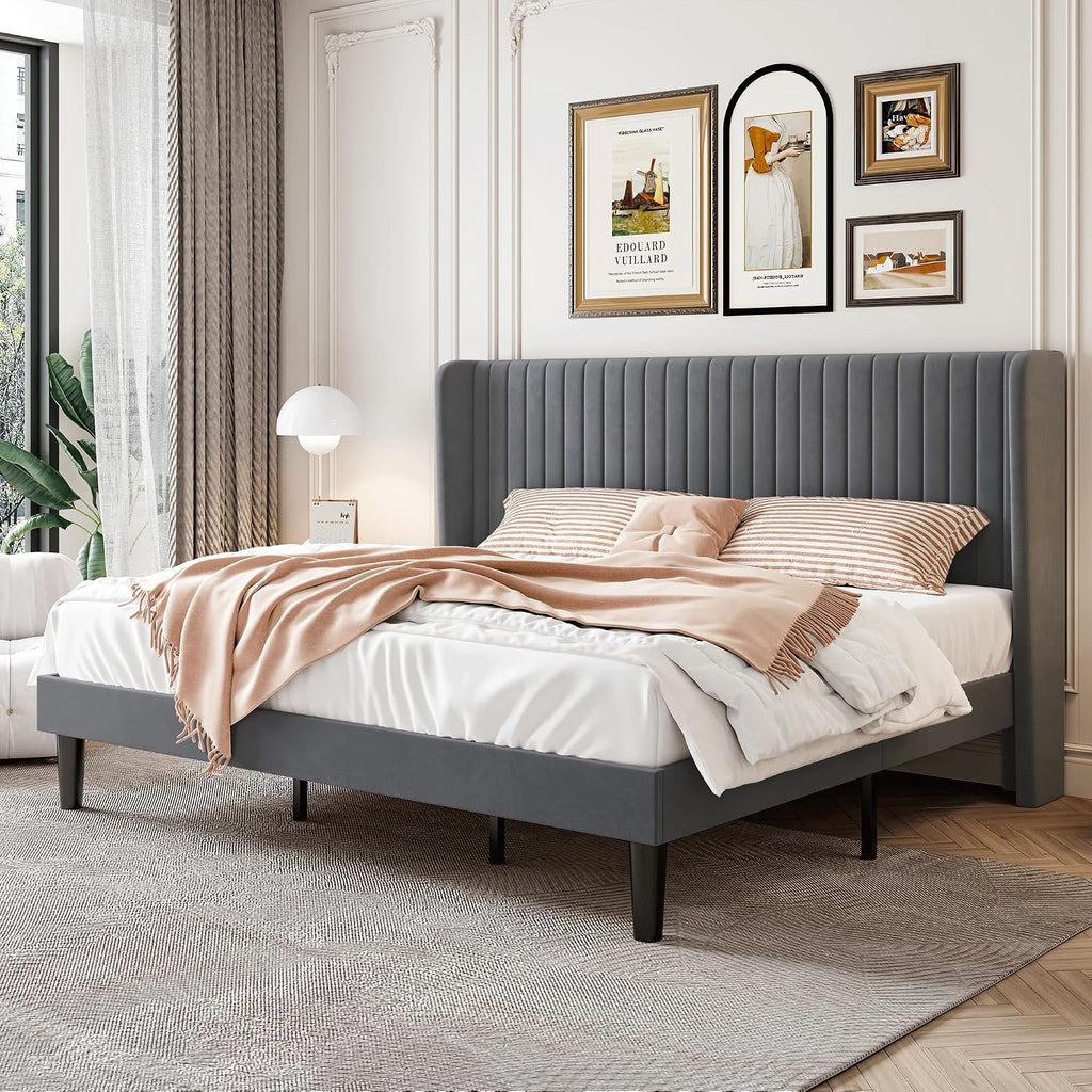 SHA CERLIN King Size Velvet Bed Frame with Vertical Channel Tufted Wingback Headboard, Upholstered Platform Bed with Wood Slats, No Box Spring Needed, Easy Assembly, Grey