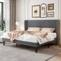 SHA CERLIN King Size Velvet Bed Frame with Vertical Channel Tufted Wingback Headboard, Upholstered Platform Bed with Wood Slats, No Box Spring Needed, Easy Assembly, Grey