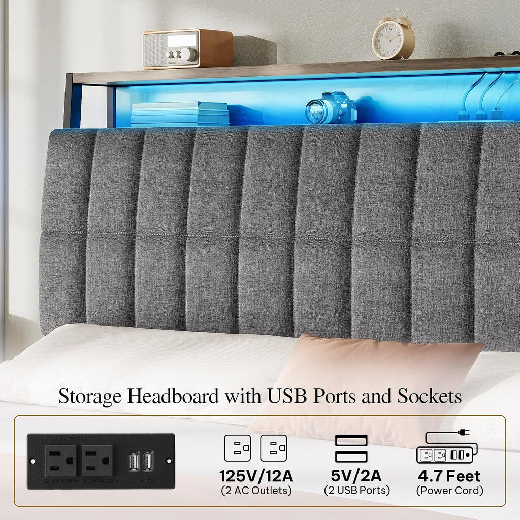 YITAHOME Full Size Bed Frame with RGB LED Lights and 4 Drawers, Upholstered Platform Bed with Charging Station and Storage Headboard, No Box Spring Needed, Noise-Free, Fast Assembly, Rustic Grey