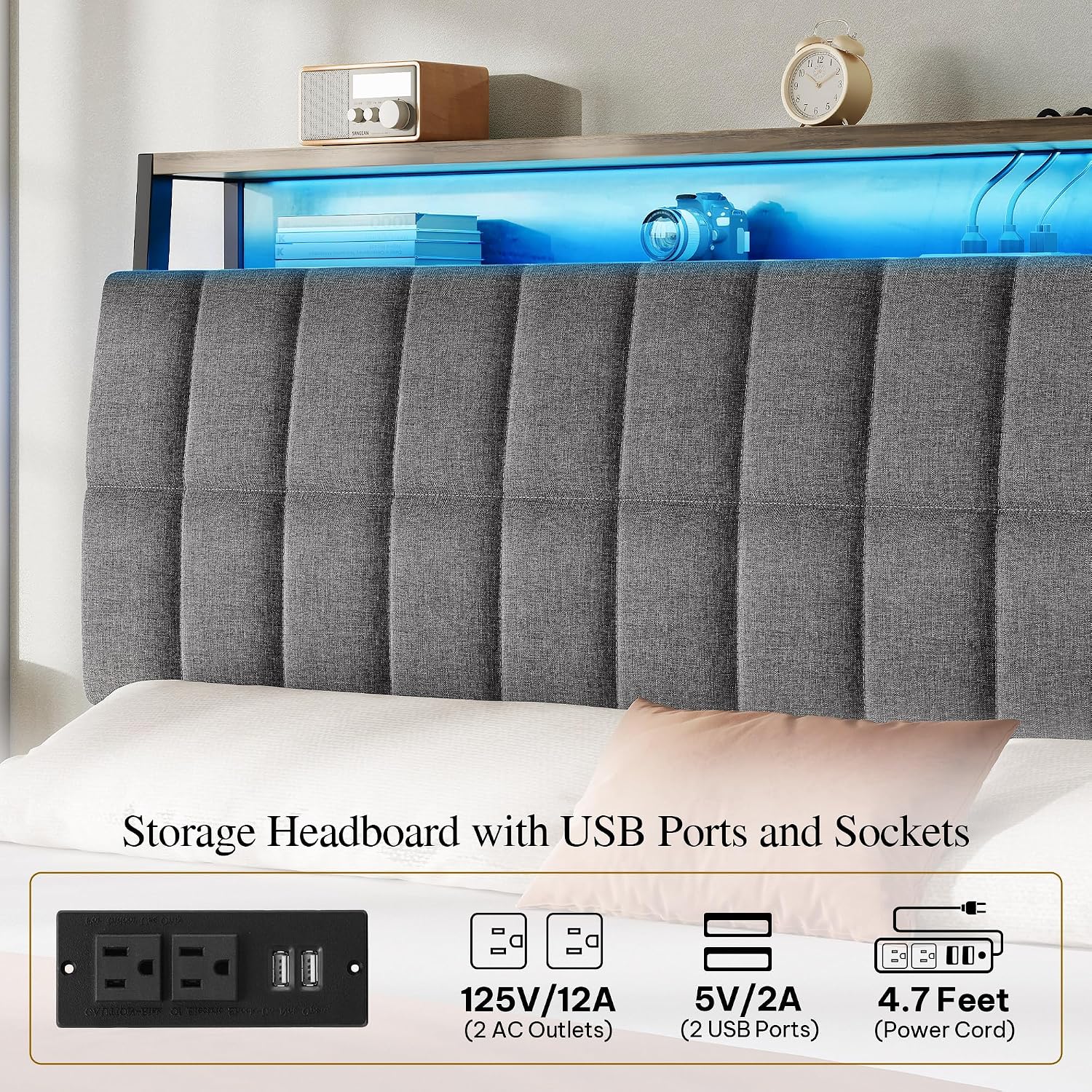 YITAHOME Full Size Bed Frame with RGB LED Lights and 4 Drawers, Upholstered Platform Bed with Charging Station and Storage Headboard, No Box Spring Needed, Noise-Free, Fast Assembly, Rustic Grey