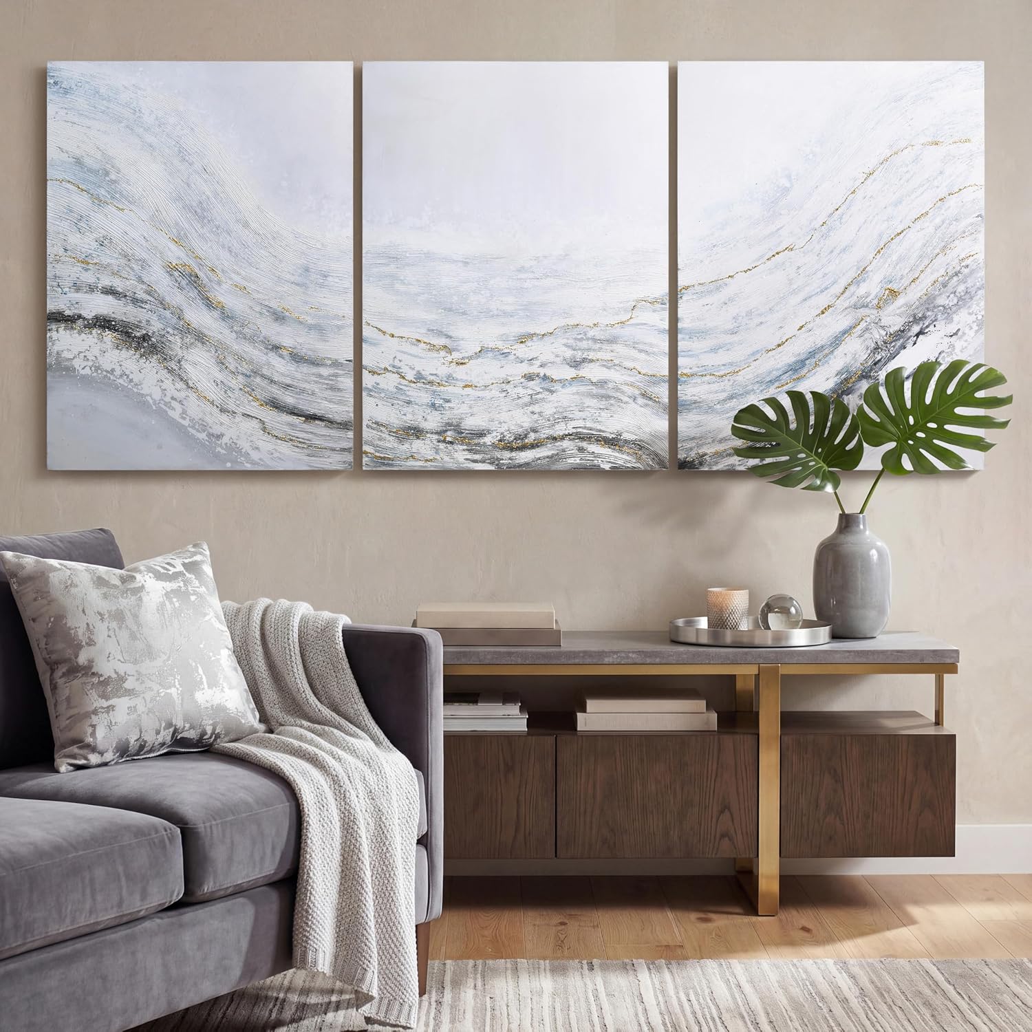 Empire Art Direct Abstract Wall Art Textured Hand Painted Canvas by Martin Edwards, Triptych, 40' x 30' each, Blizzard