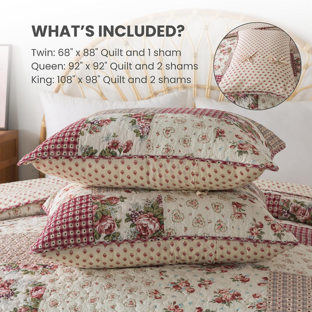 SLPR Country Roses Patchwork Cotton Pieced Quilt Set - King Size with 2 Shams, French Country Style Floral Bedding, Red Rose Farmhouse Quilted Bedspread with Flower Pattern