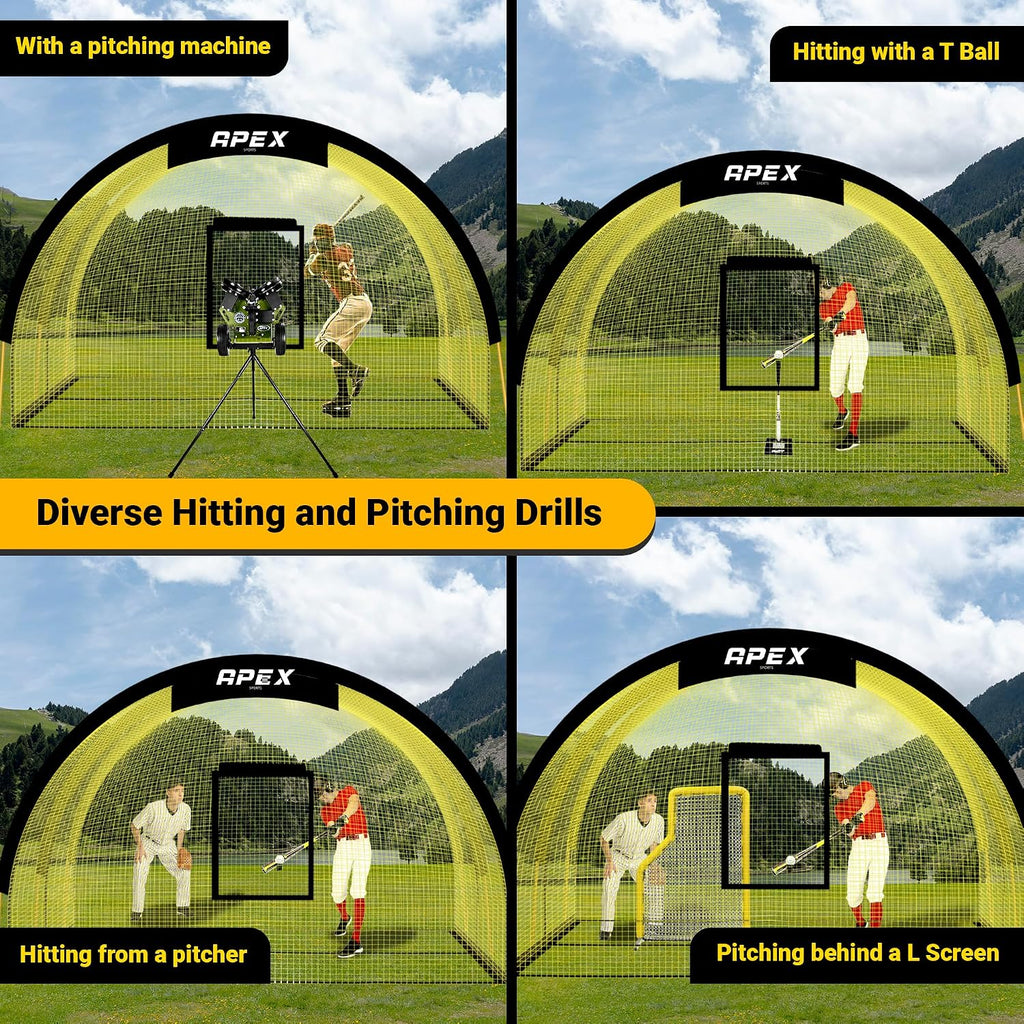 Apex Sports Portable 22ft x 12ft x 8ft Baseball & Softball Batting Cage with Pitching Machine Hole, 3ply 1.25'' Yellow Netting, Secure Steel Poles, 12.7MM Fibreglass Poles, Carry Bag Included