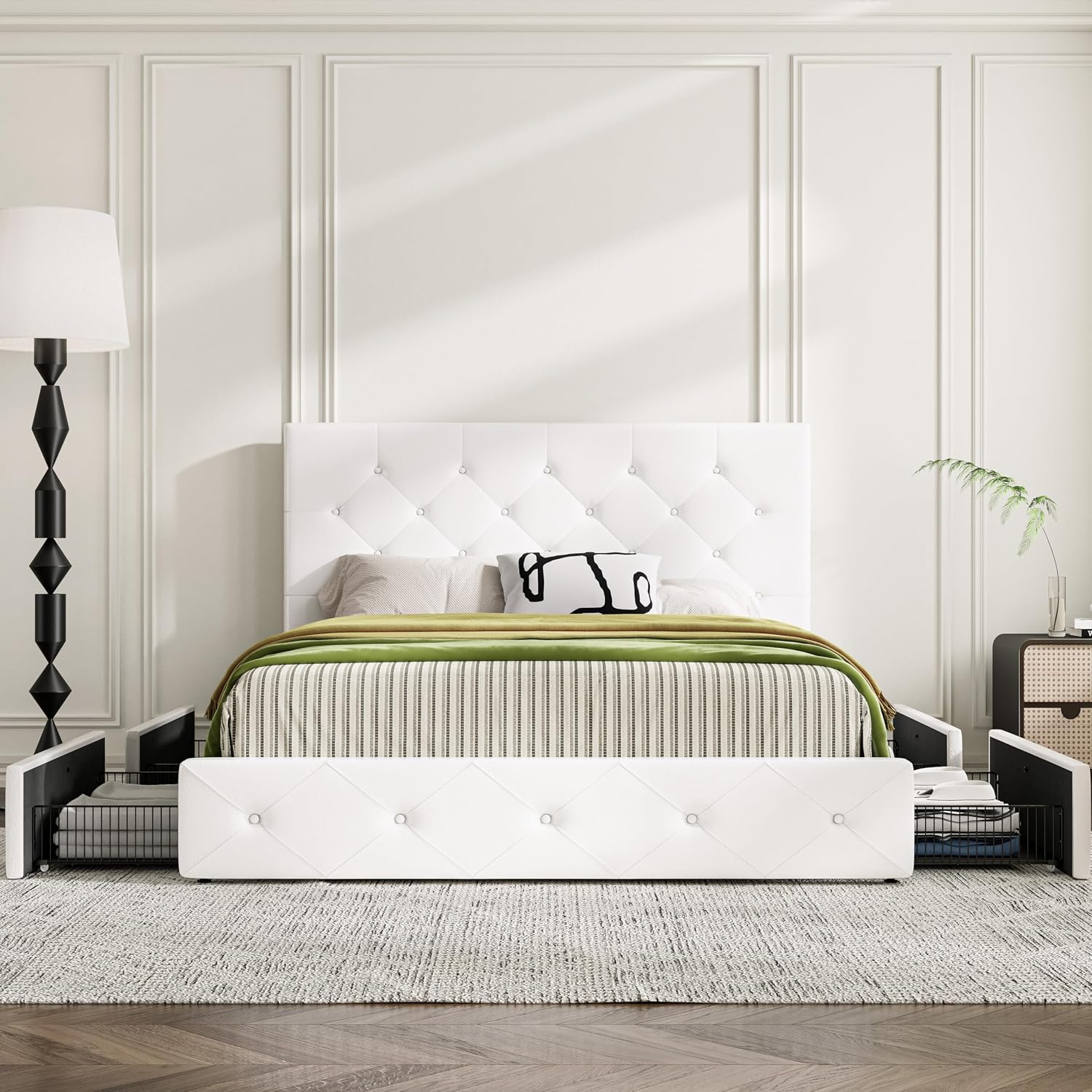 MUTICOR Full Size Bed Frame with 4 Storage Drawers, Upholstered Platform Bed with Button Tufted Adjustable Headboard, No Box Spring Needed, Easy Assembly, Diamond Tufted, White Leather