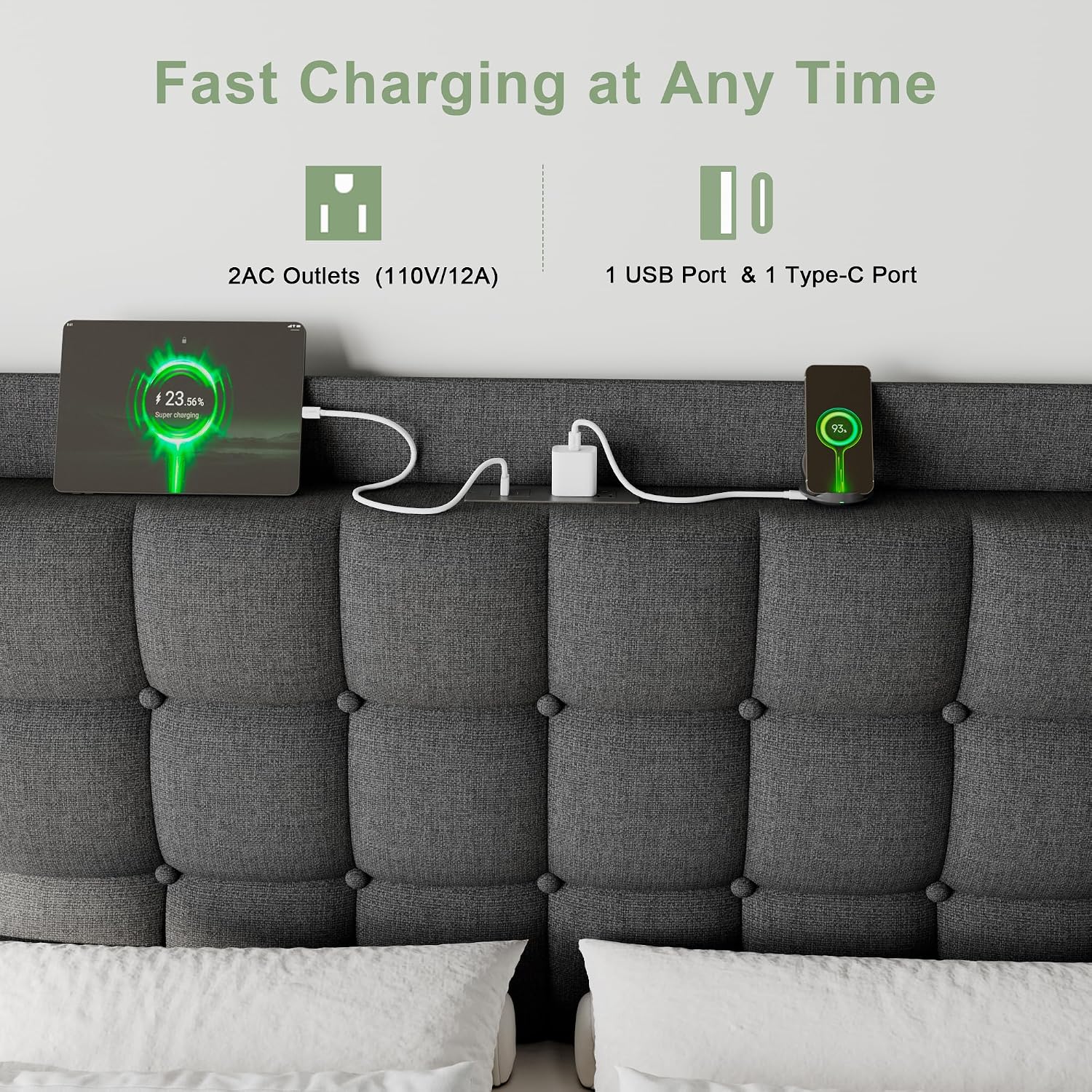 Feonase Full Bed Frame with Charging Station, Upholstered Platform Bed Frame with Wingback Storage Headboard, No Box Spring Needed, Easy Assembly, Dark Gray