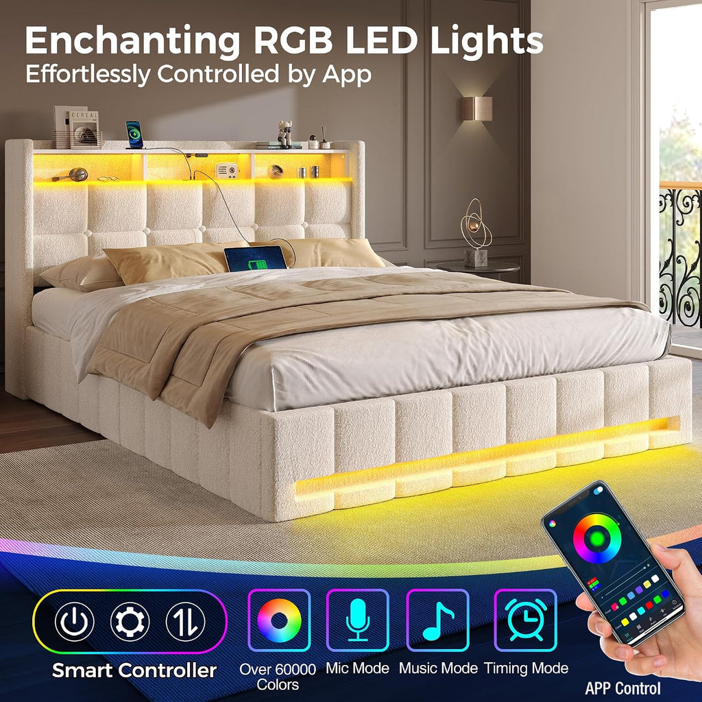 Rolanstar Bed Frame Full Size with Lift Up Storage, Charging Station & LED Lights, Upholstered Storage Headboard, Heavy Duty Wooden Slats, No Box Spring Needed, Noise Free, Easy Assembly, Beige