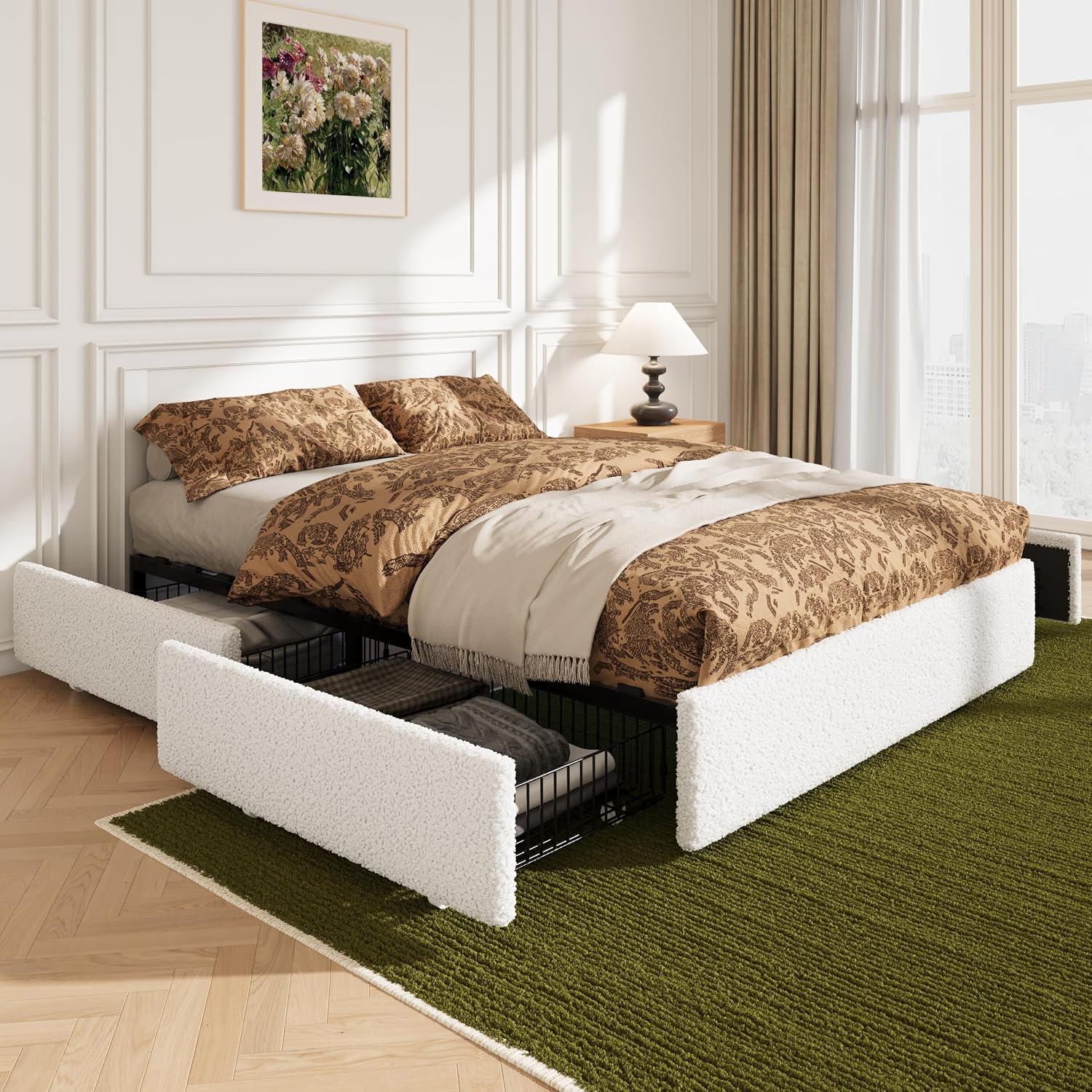 Allewie Full Size Bed Frame with 4 Oversized Storage Drawers, Soft Teddy Fabric, Boucle Upholstered Platform Bed, Wooden Slats Support, Noise-Free, No Box Spring Needed, Easy Assembly, White