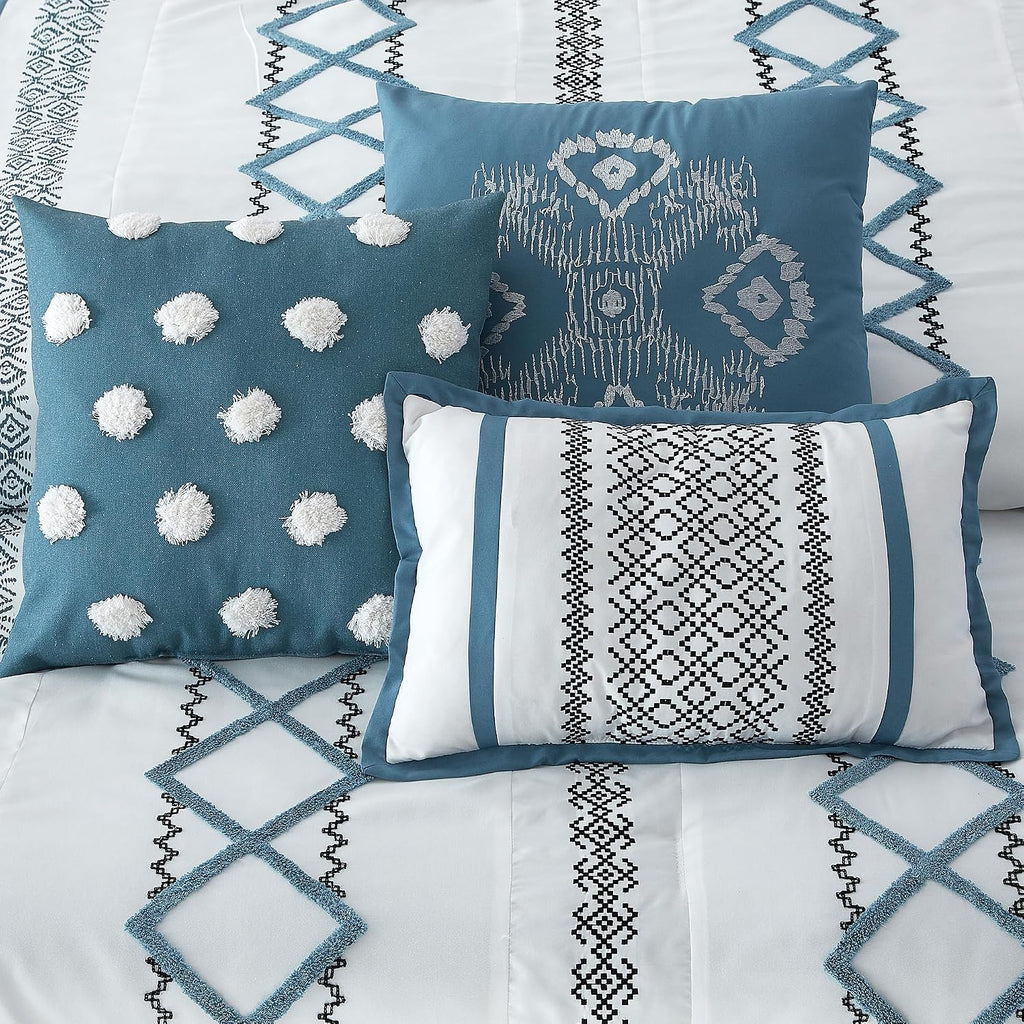 LANCO MODERN LIFESTYLE Blue California King Comforter Set, 7 Pieces All Season Bedding Sets in a Bag with Geometric Terry Embroidered Comforter, Bed Skirt, Pillow Shams and Decorative Pillows