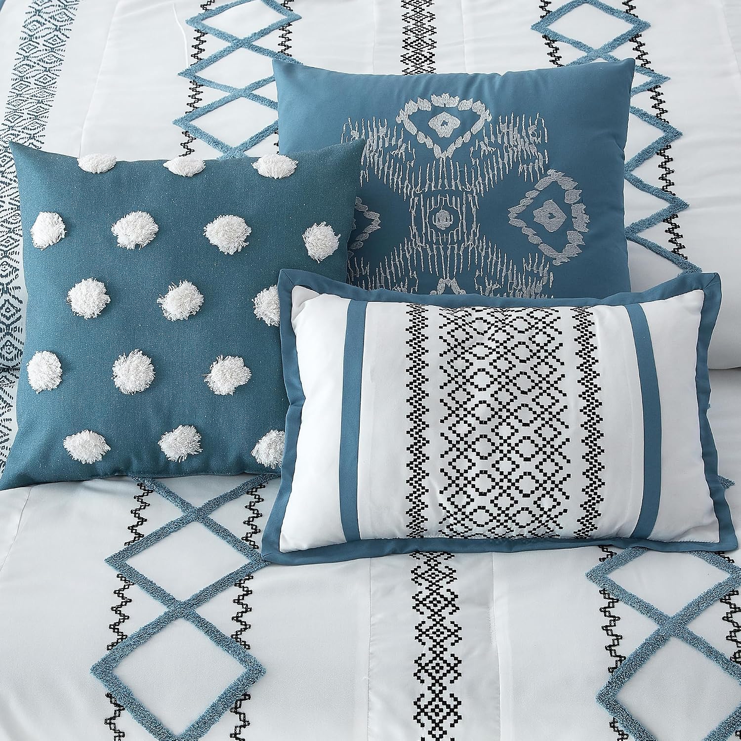 LANCO MODERN LIFESTYLE Blue California King Comforter Set, 7 Pieces All Season Bedding Sets in a Bag with Geometric Terry Embroidered Comforter, Bed Skirt, Pillow Shams and Decorative Pillows