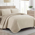 LANCO MODERN LIFESTYLE 7 Piece King Quilt Set, Beige, Microfiber Solid Striped Bedding Set, Soft and Luxury Bed in a Bag, Includes Quilt, Pillow Shams, Flat Sheet, Fitted Sheet, and Pillowcases