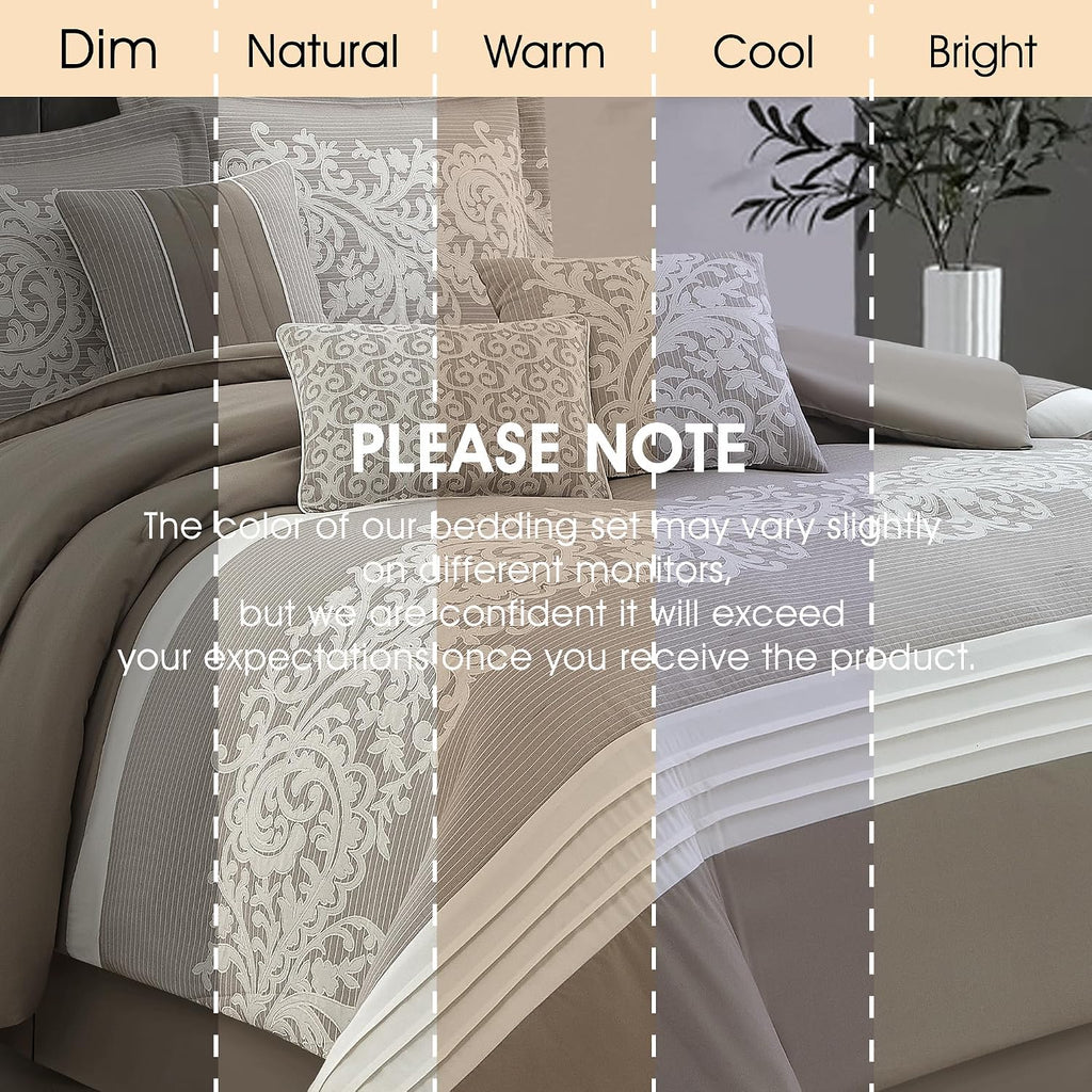 LANCO MODERN LIFESTYLE Taupe Comforter Set, King, Damask Jacquard with Matching Solid Piece Work, 7 Piece Soft Bedding Set for All Season, Bed Skirt, Pillow Shams and Decorative Pillows