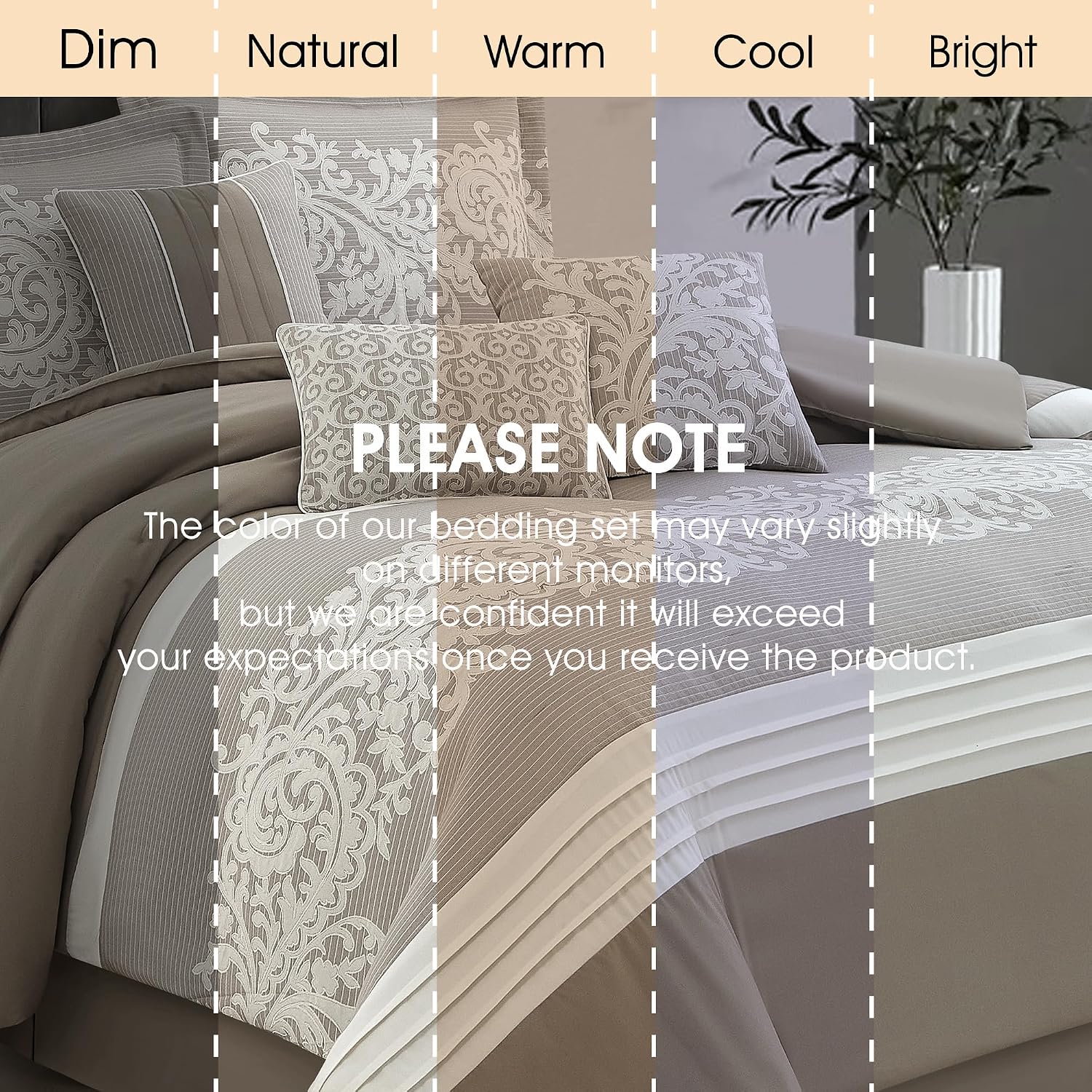 LANCO MODERN LIFESTYLE Taupe Comforter Set, King, Damask Jacquard with Matching Solid Piece Work, 7 Piece Soft Bedding Set for All Season, Bed Skirt, Pillow Shams and Decorative Pillows