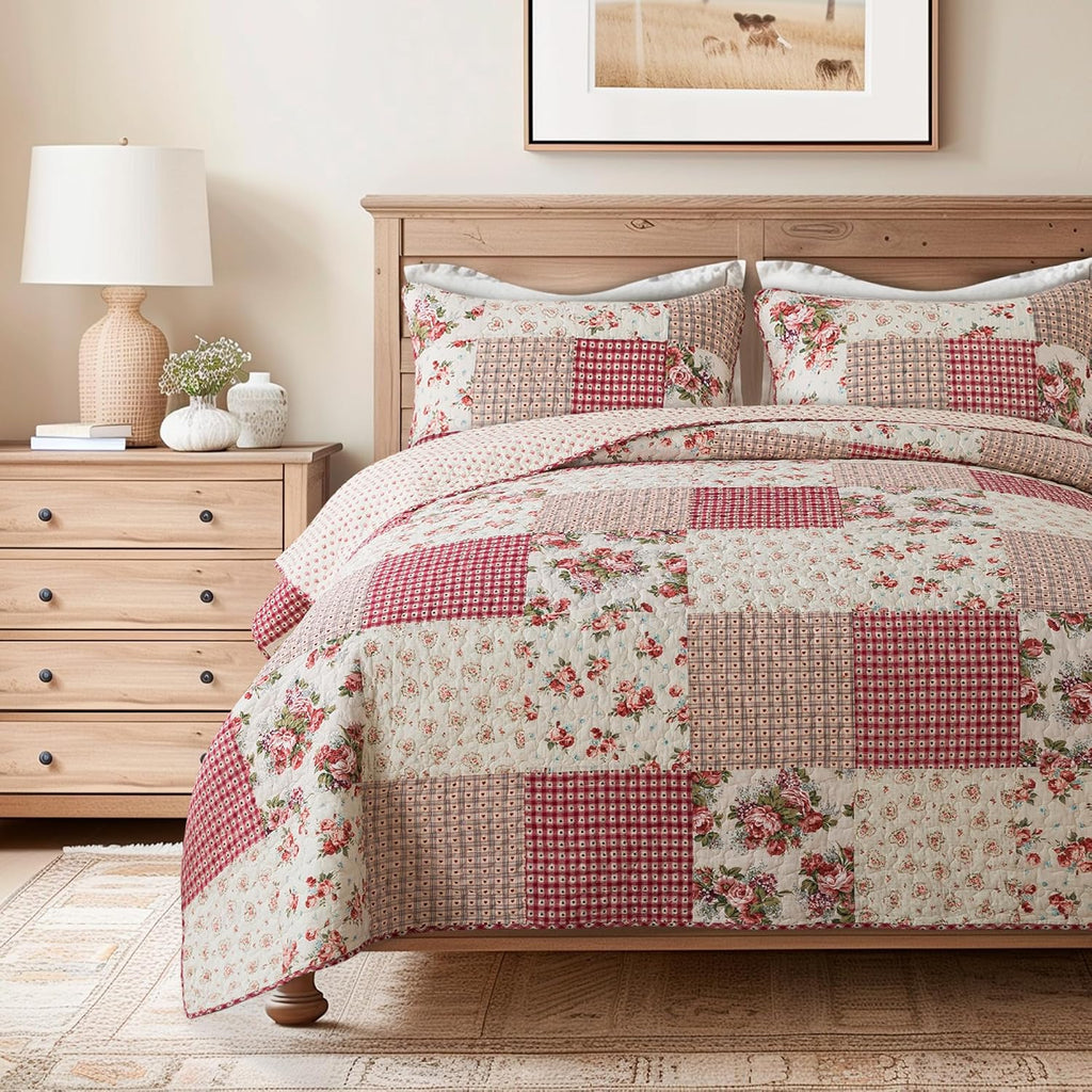 SLPR Country Roses Patchwork Cotton Pieced Quilt Set - King Size with 2 Shams, French Country Style Floral Bedding, Red Rose Farmhouse Quilted Bedspread with Flower Pattern